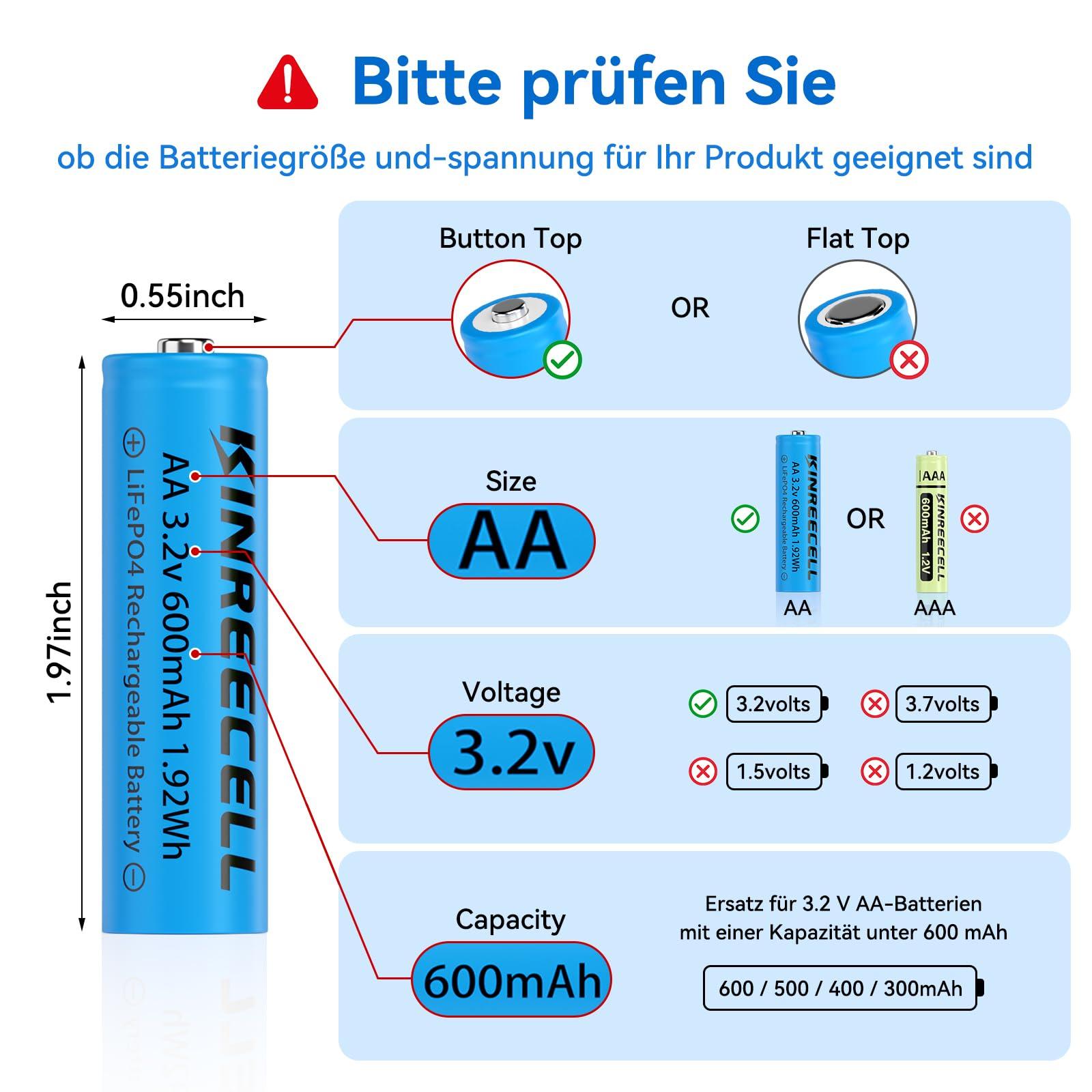 KINREECELL vastupidav LiFePo4 AA aku 3.2V 600mAh aiavalgustusele – lisavaade