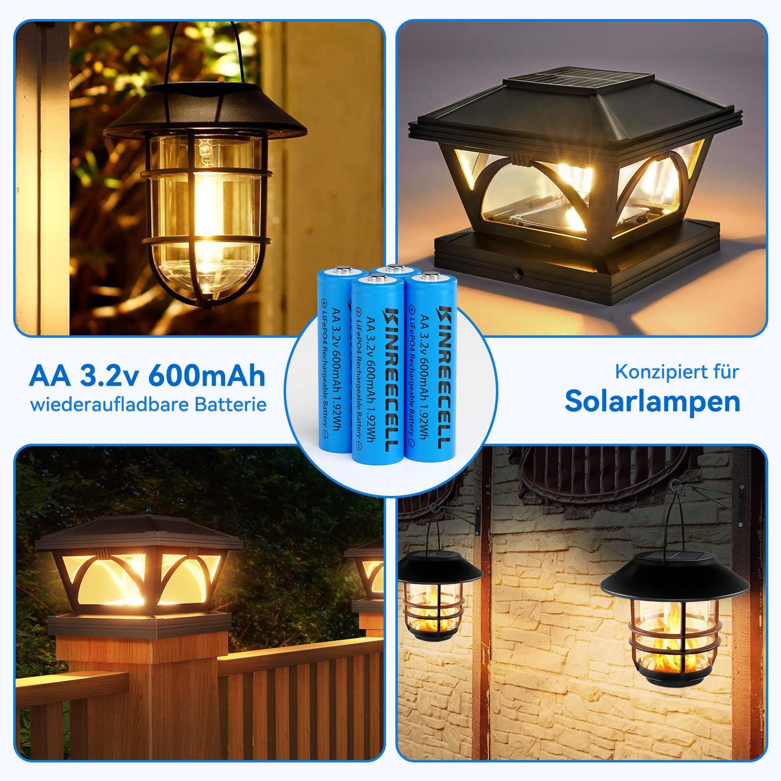 KINREECELL vastupidav LiFePo4 AA aku 3.2V 600mAh aiavalgustusele – pakend ja tarvikud