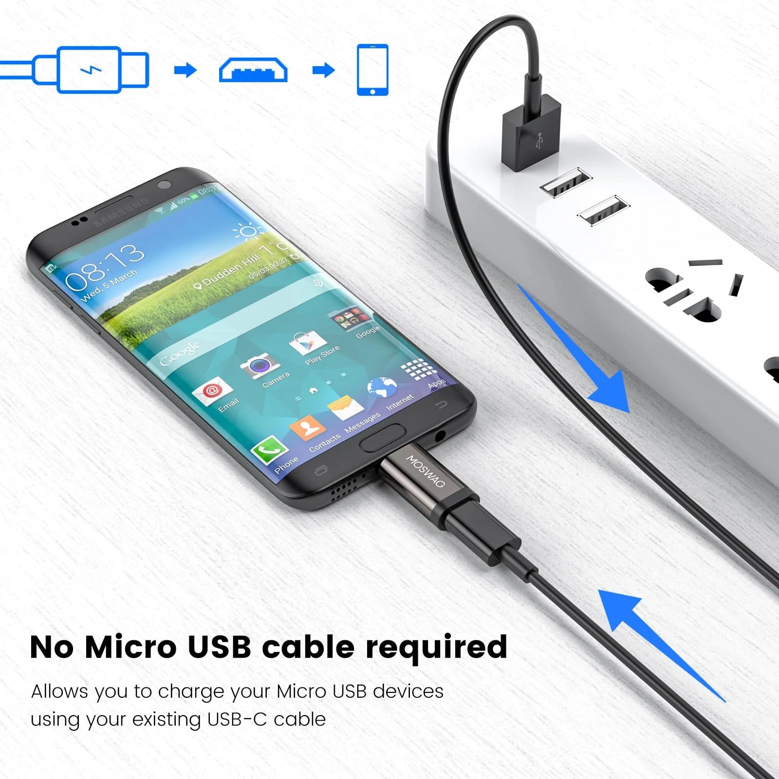 MOSWAG vastupidav alumiiniumist USB‑C–Micro adapter – pakend ja tarvikud