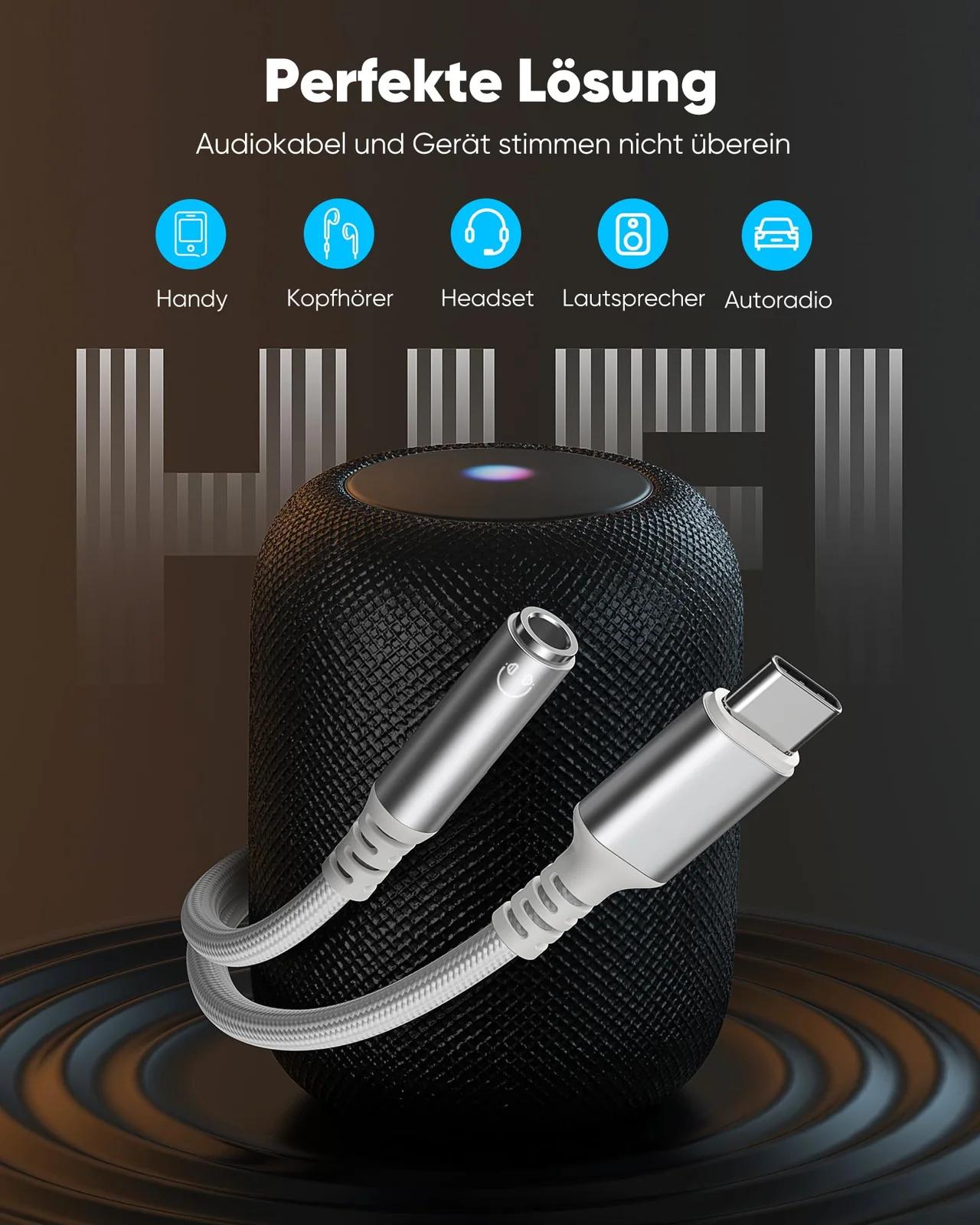 Highwings vastupidav USB-C–3,5mm adapter helikvaliteediga – pakend ja tarvikud
