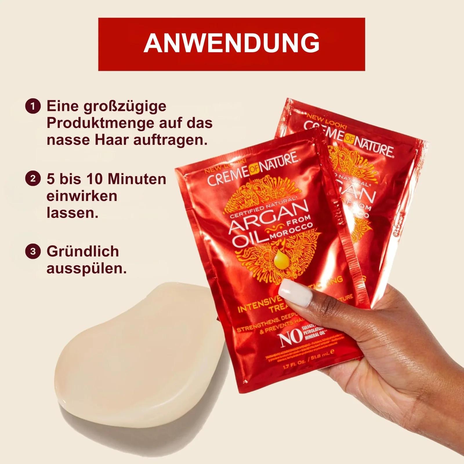 Creme of Nature Argan Oil niisutav juuksehooldus 50 ml – kasutusnäide