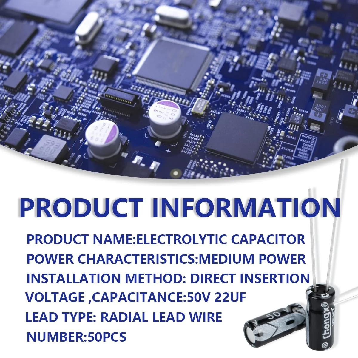 Innfeeltech alumiiniumkondensaator 22µF 50V – komplekt 50 tk – detailne vaade