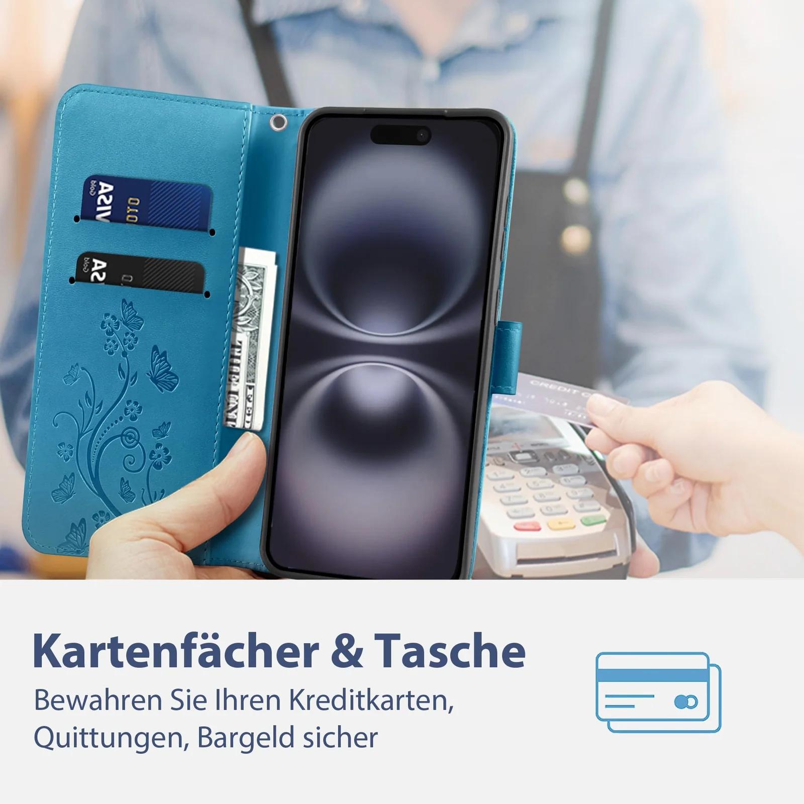 KRAFTCARE nahkne kaitsekate iPhone 16–le – kaarditasku ja statiiv – pakend ja tarvikud