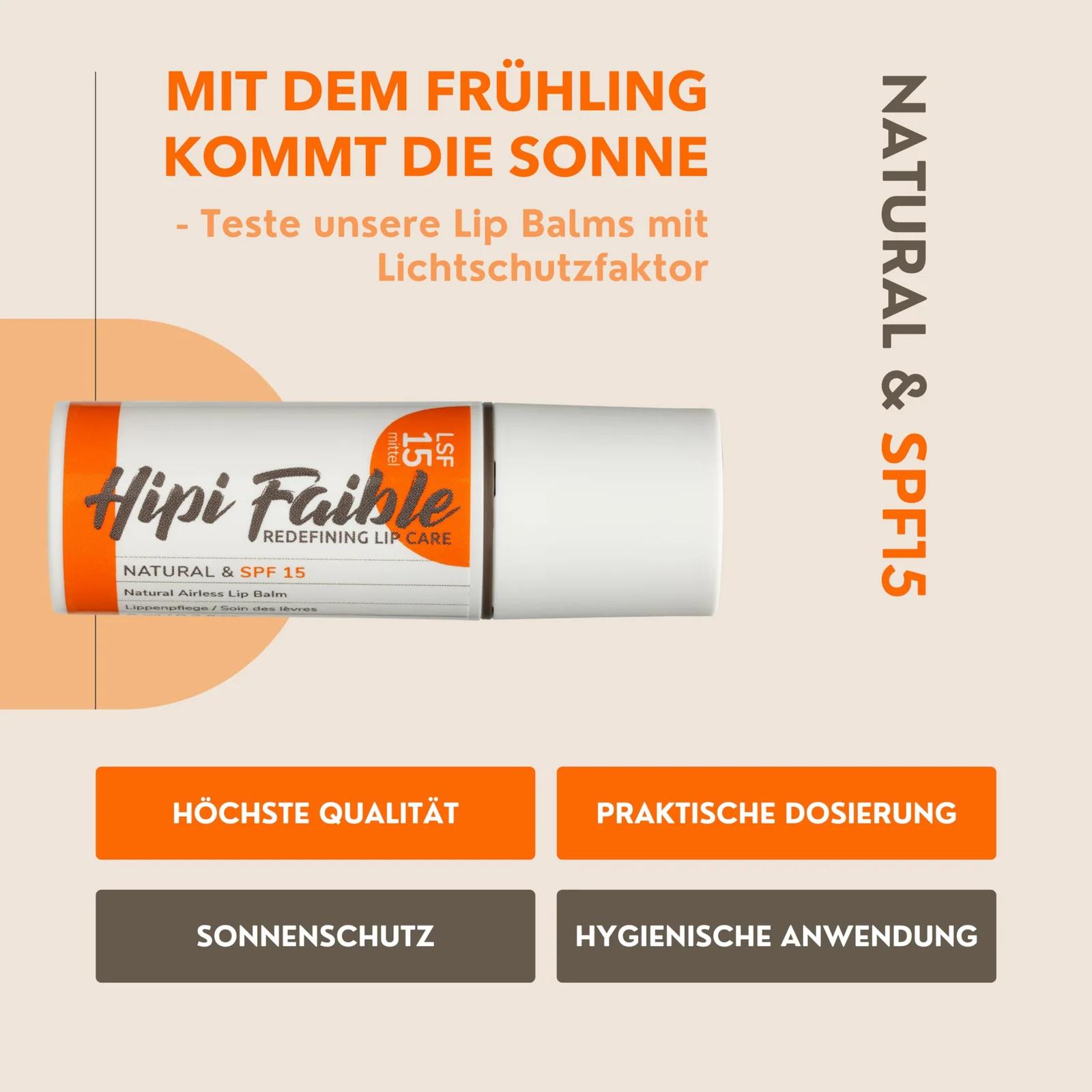 HIPI FAIBLE naturaalne huulepalsam SPF15 — kaitsev ja hooldav – kasutusnäide