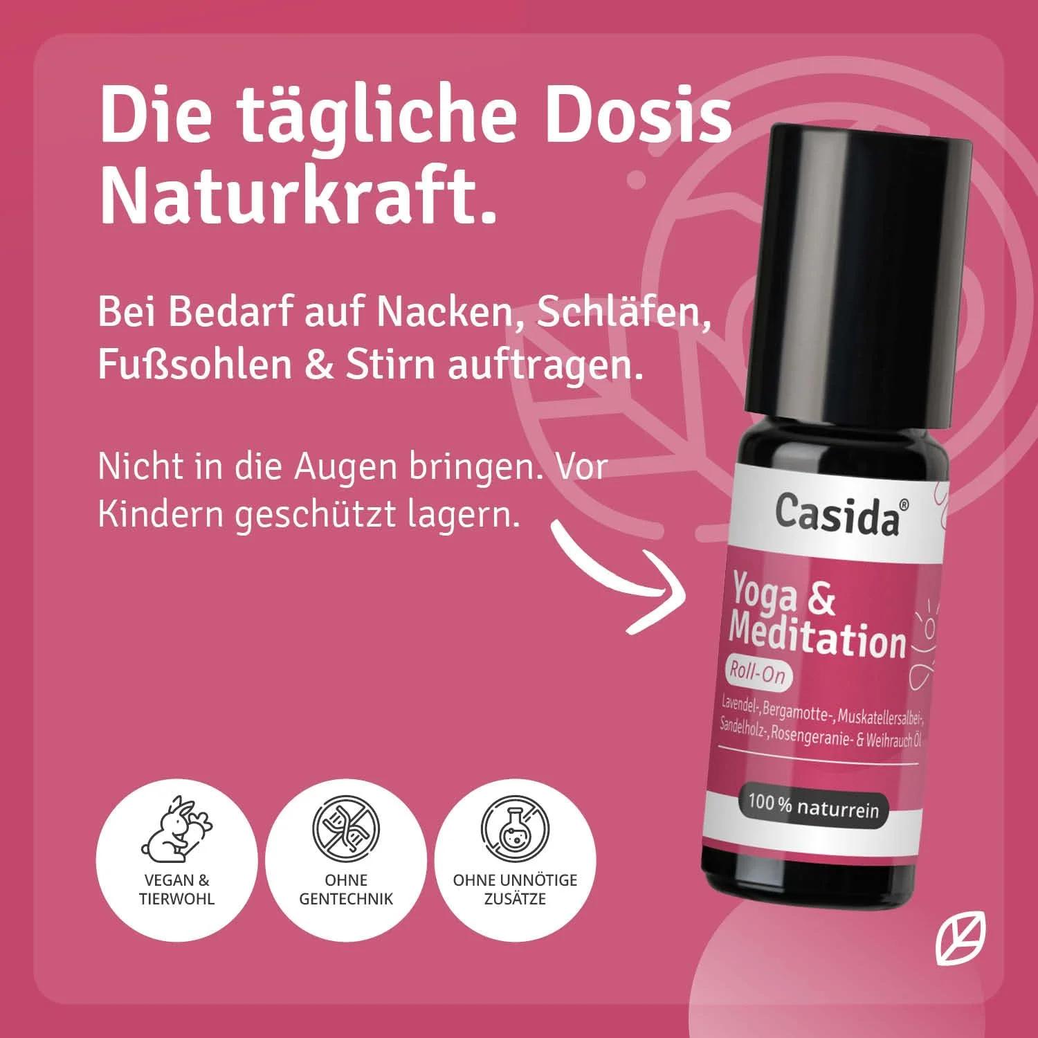 Casida rahustav lavendli-roll-on meditatsiooniks ja reisiks – pakend ja tarvikud