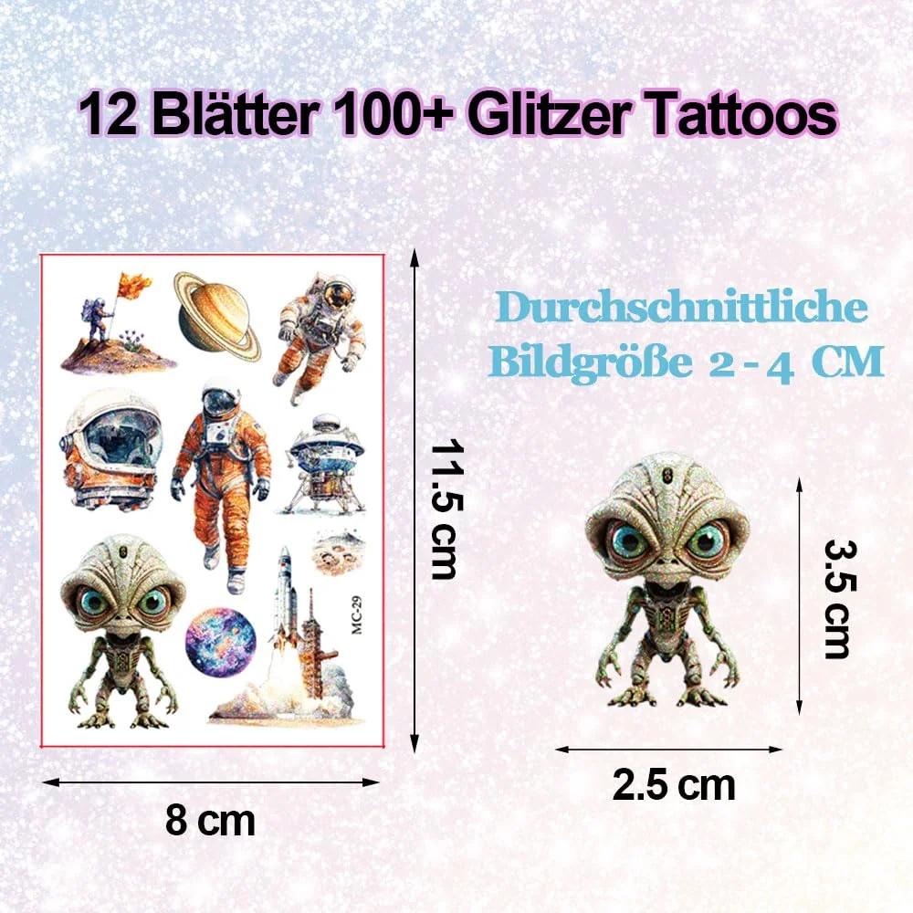 JOJOLUXE sädelev kosmose-temporaarne laste tattoo komplekt – pakend ja tarvikud