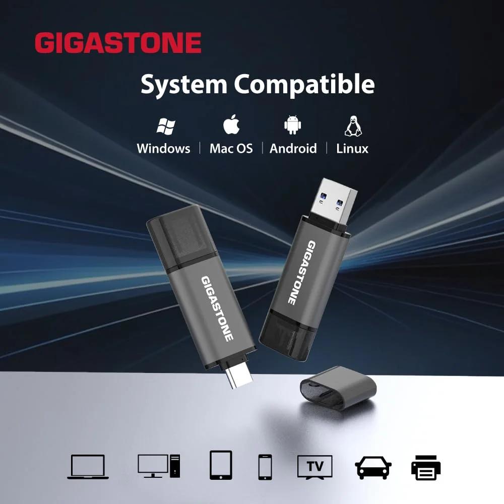 Gigastone väline USB-mälupulk 64GB kahe otsaga ja kaitseümbrisega – pakend ja tarvikud