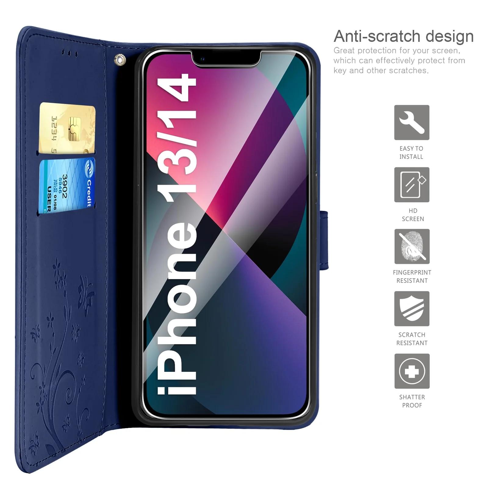 AROYI PU-nahast klapiga kaitseümbris iPhone 13/14, sinine – pakend ja tarvikud