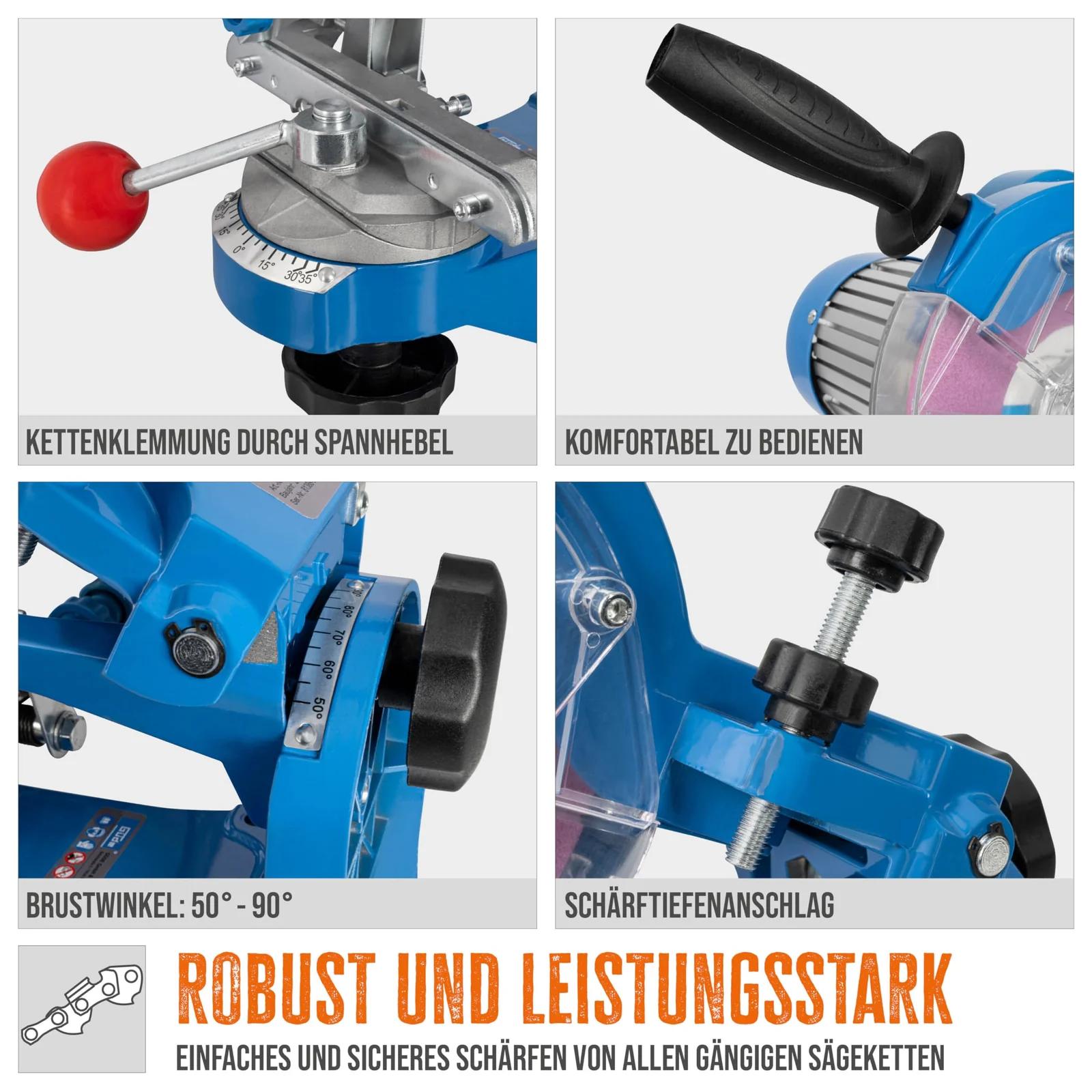Güde ketiteritaja P 2300 A (230W, 3000 p/min, reguleeritav teritusnurk 2x 35°, ketijuhik, valgustus, sobib kõigile levinud saekettidele, 2x lihvkettad ø145 mm & silumiskivi) – pakend ja tarvikud