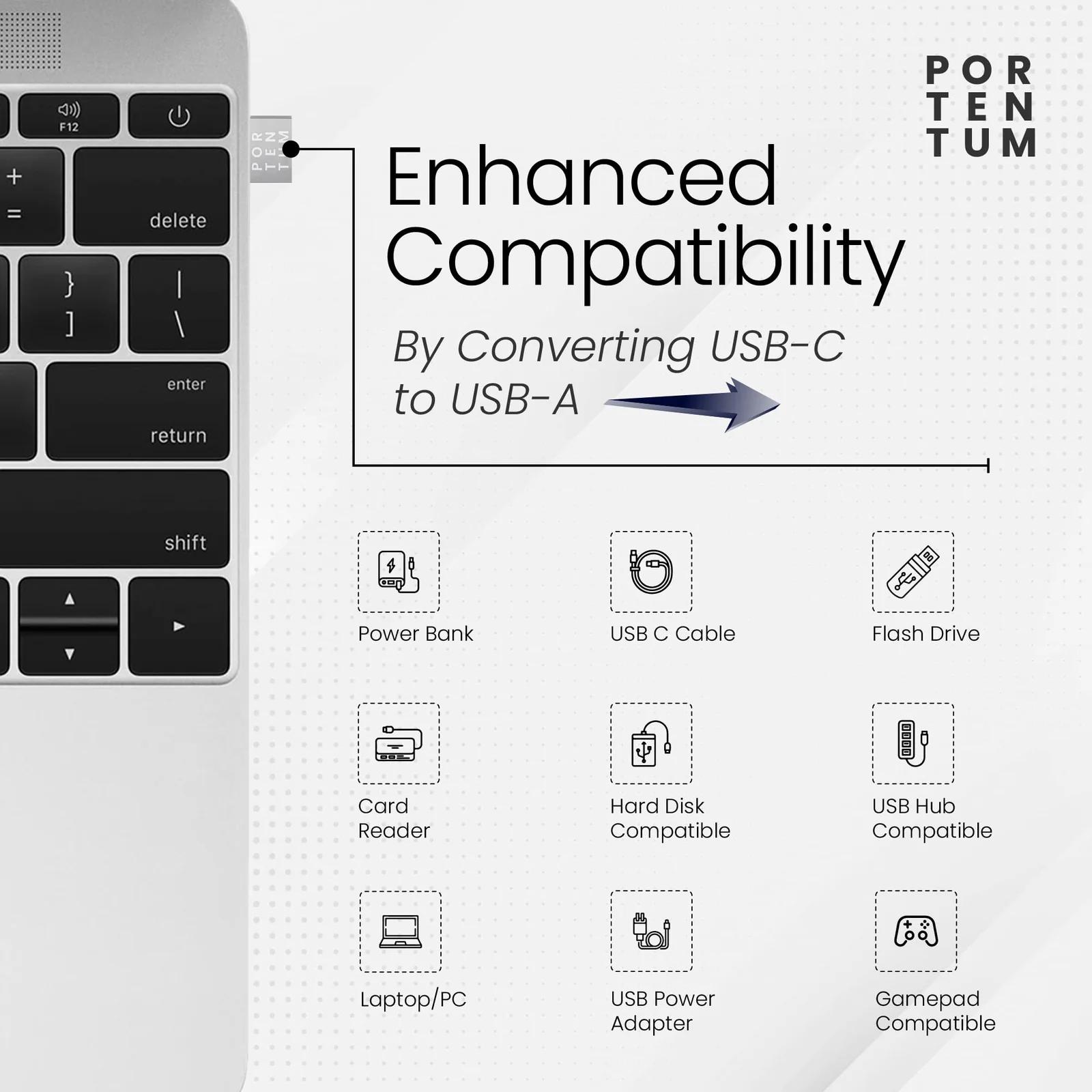 PORTENTUM vastupidav tsingist USB C adapter — kerge reisisõber – pakend ja tarvikud