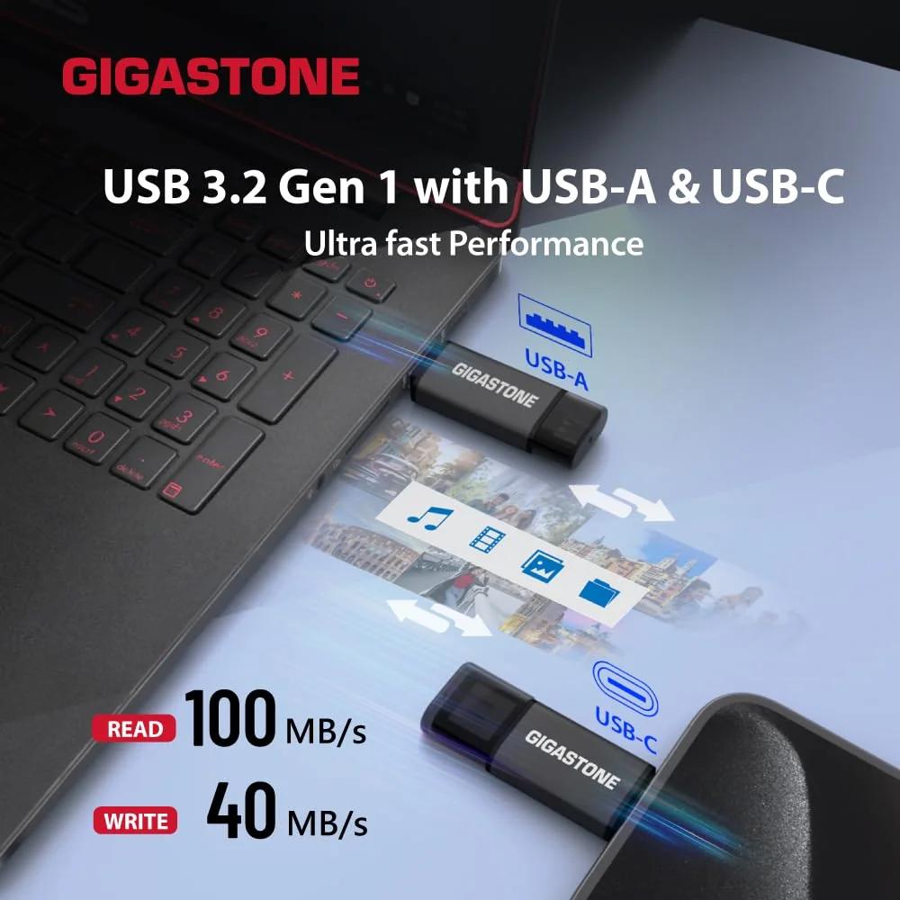 Gigastone väline USB-mälupulk 64GB kahe otsaga ja kaitseümbrisega – detailne vaade