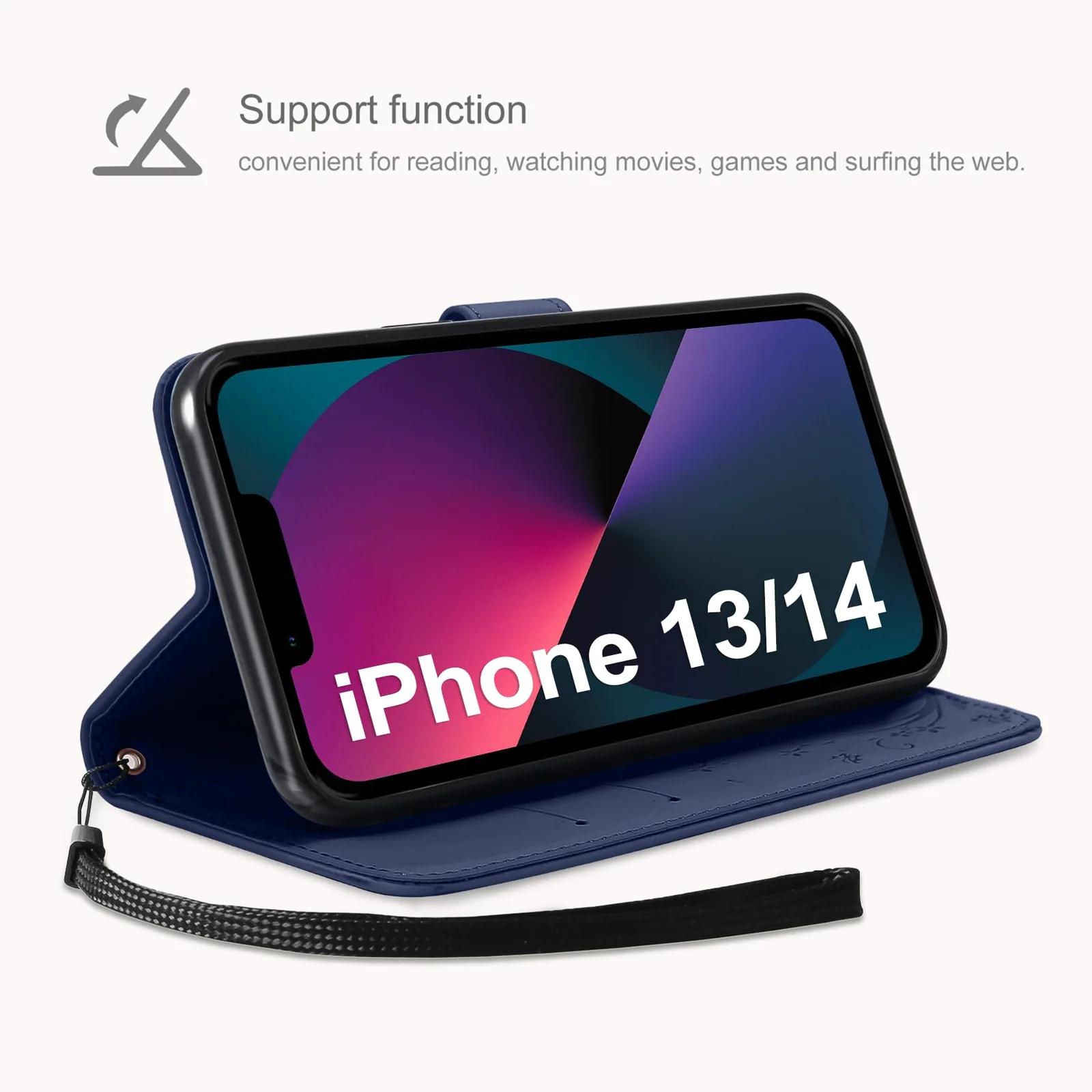 AROYI PU-nahast klapiga kaitseümbris iPhone 13/14, sinine – kasutusnäide
