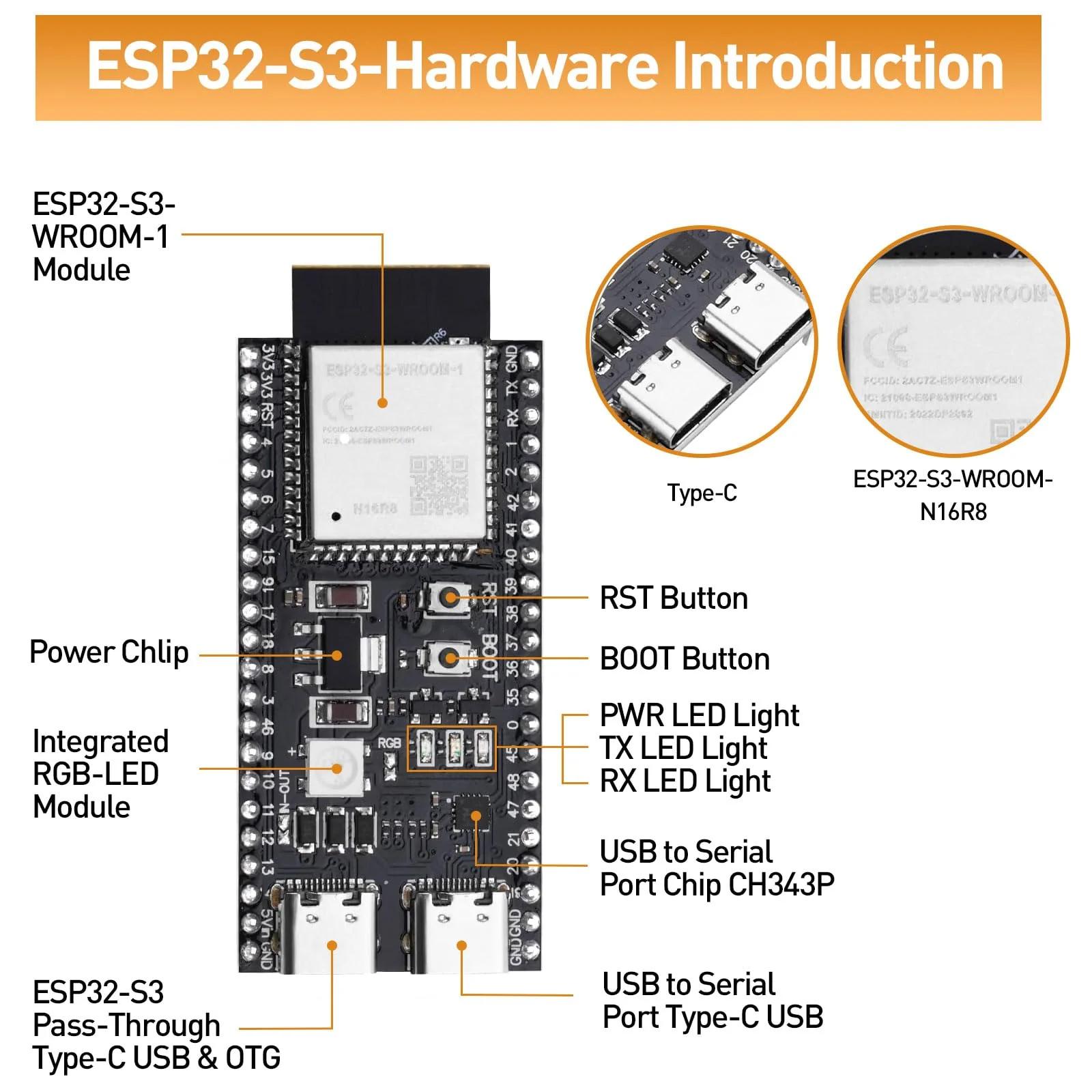 diymore tugev ESP32-S3 arendusplaat WiFi ja Bluetoothiga – pakend ja tarvikud