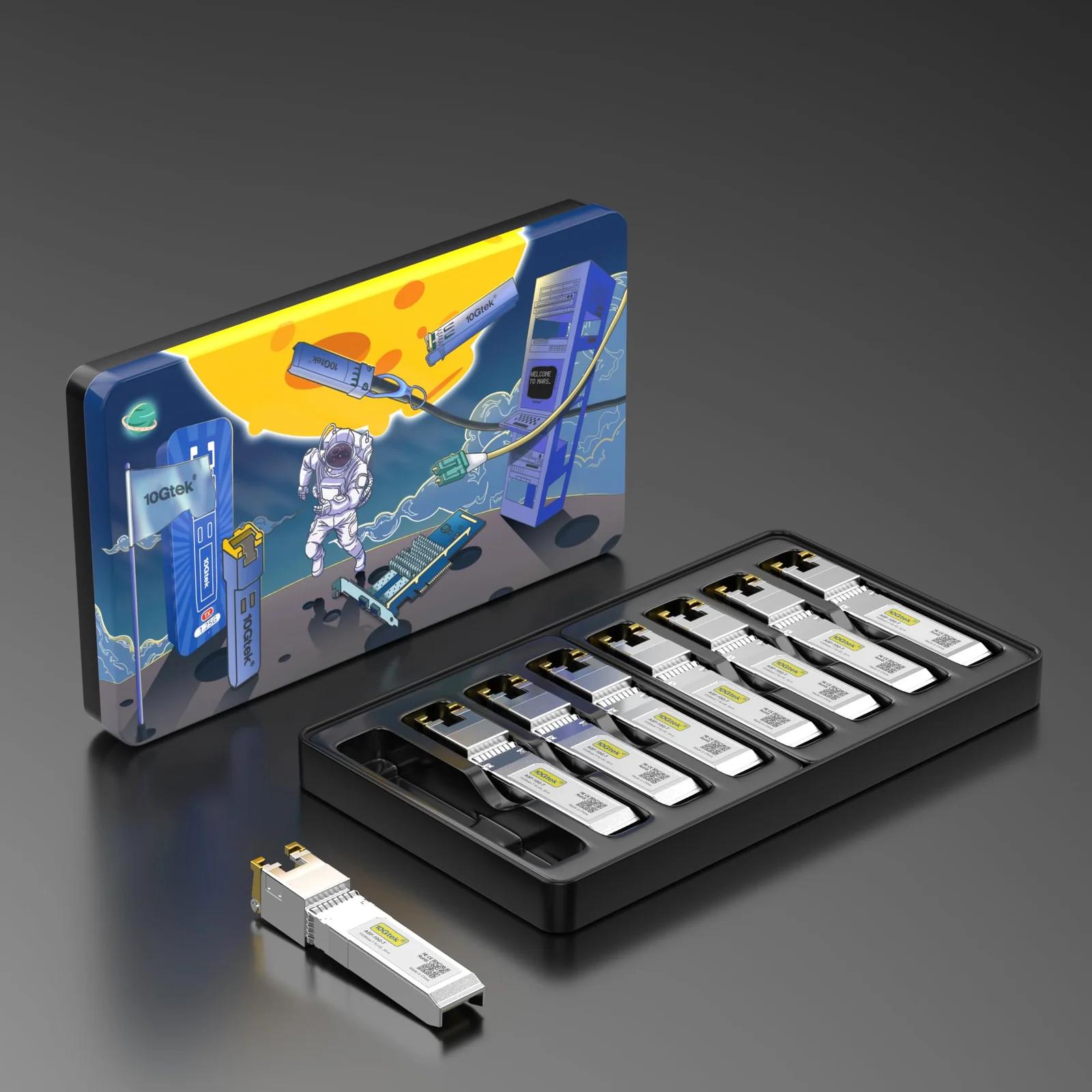 10Gtek 10Gb SFP+ RJ45 modul — CAT.6a kuni 30 m kiirus – pakend ja tarvikud