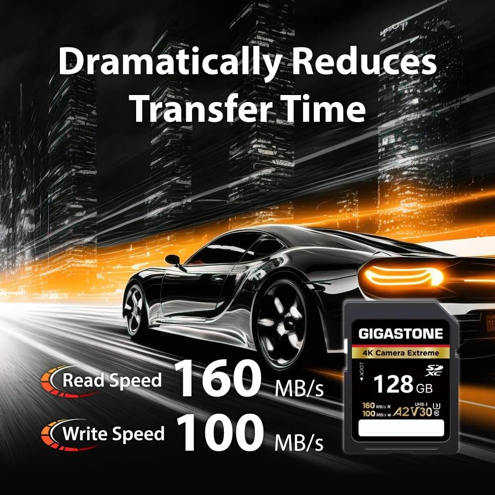 Gigastone vastupidav 128GB SDXC kaardiga 4K salvestus – detailne vaade