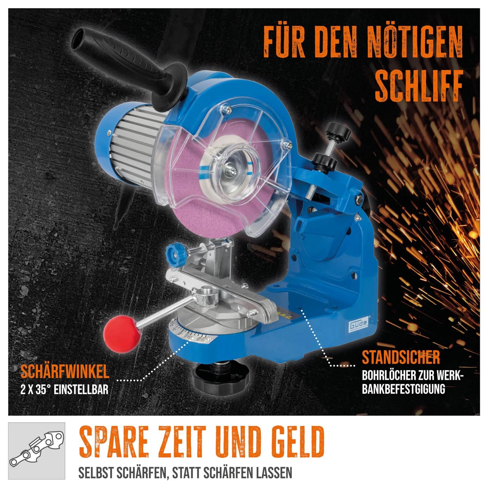 Güde ketiteritaja P 2300 A (230W, 3000 p/min, reguleeritav teritusnurk 2x 35°, ketijuhik, valgustus, sobib kõigile levinud saekettidele, 2x lihvkettad ø145 mm & silumiskivi) – detailne vaade