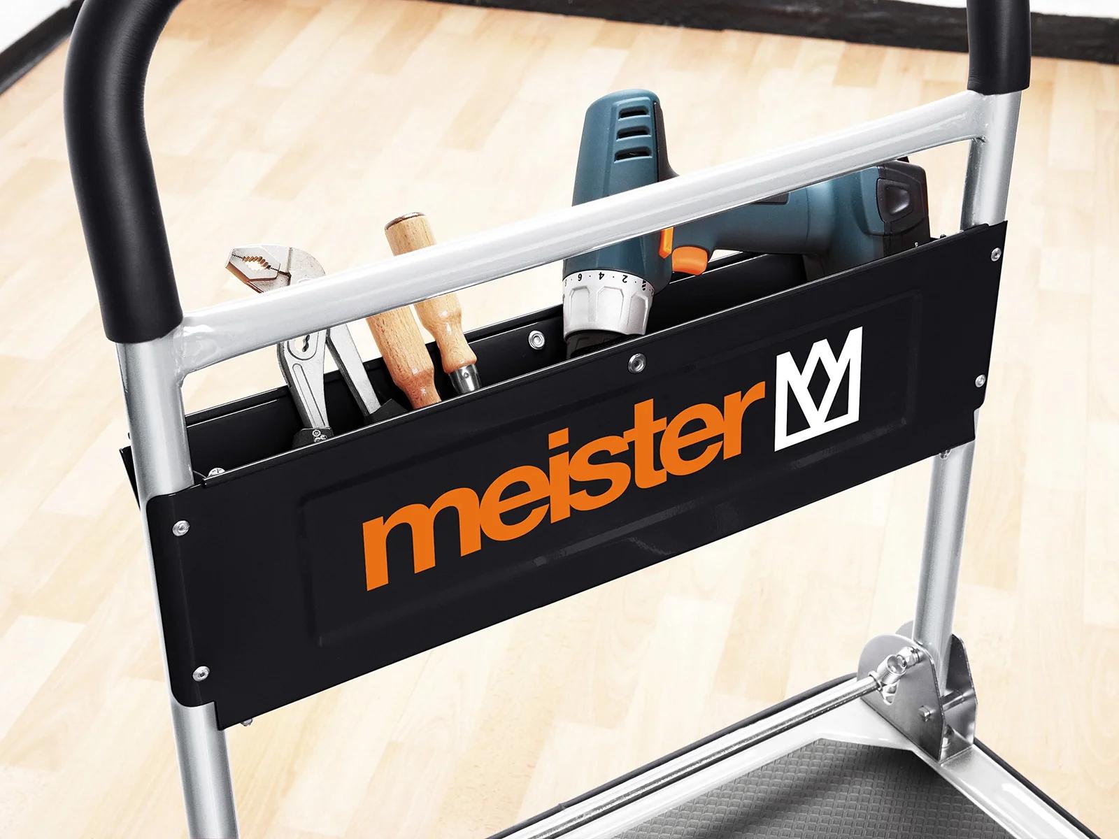 Meister platvormkäru “cut-off” – kokkupandav – kuni 300 kg kandevõime – piduriga – transpordikäru juhtivate ratastega – libisemisvastase kattega pakikäru – terasest kokkupandav käru – kasutusnäide