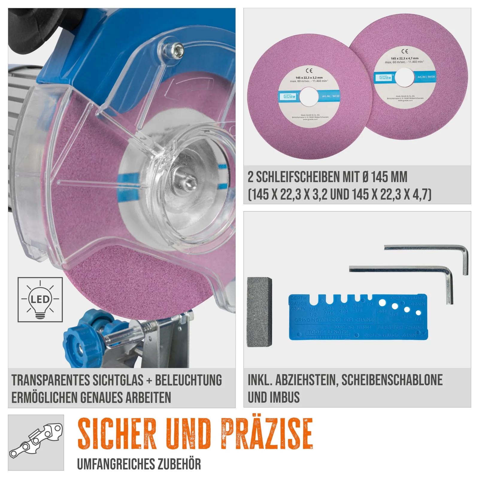 Güde ketiteritaja P 2300 A (230W, 3000 p/min, reguleeritav teritusnurk 2x 35°, ketijuhik, valgustus, sobib kõigile levinud saekettidele, 2x lihvkettad ø145 mm & silumiskivi) – kasutusnäide