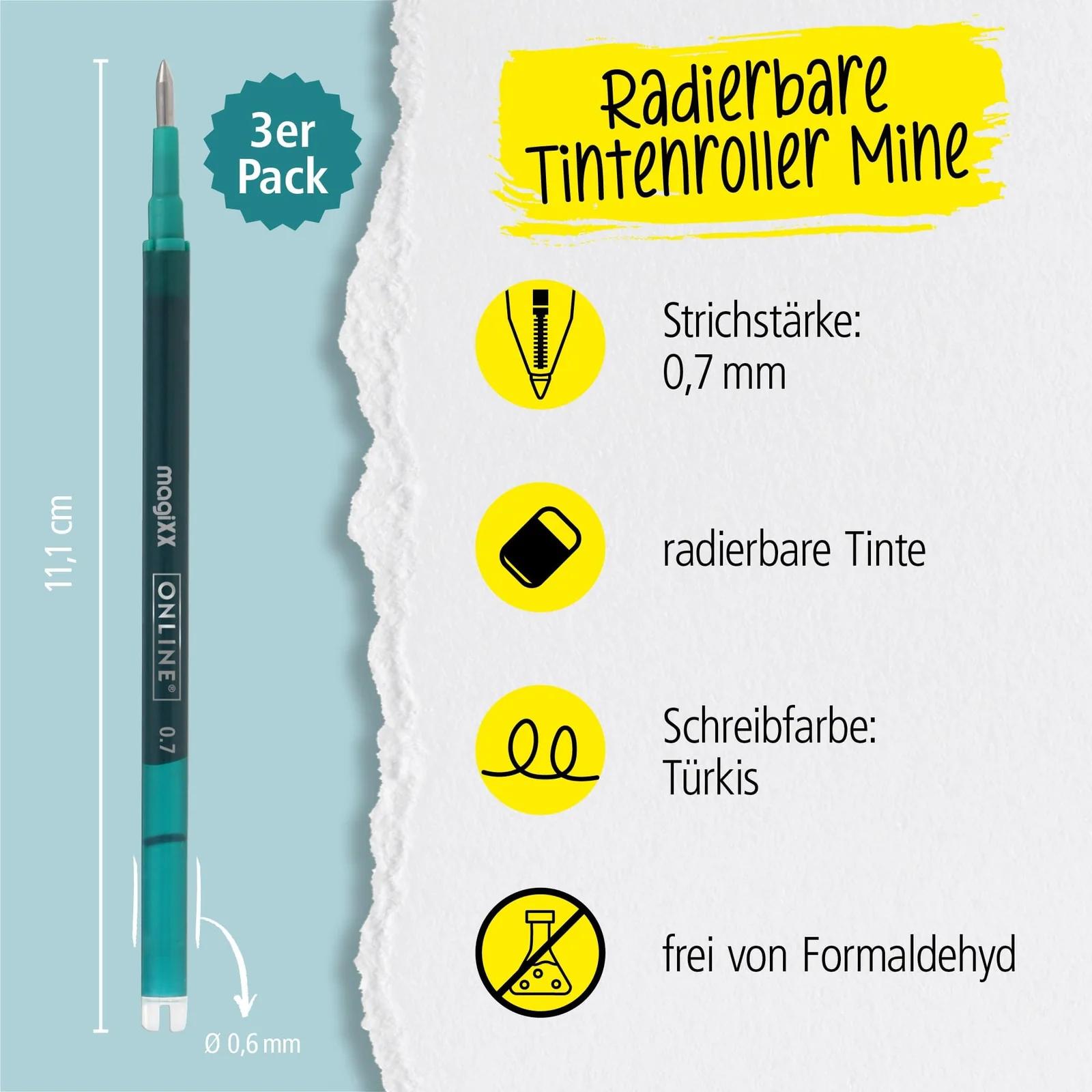 Online täitevärvimine: 3x radiaalmine 0,7 mm kirjutamiseks – pakend ja tarvikud