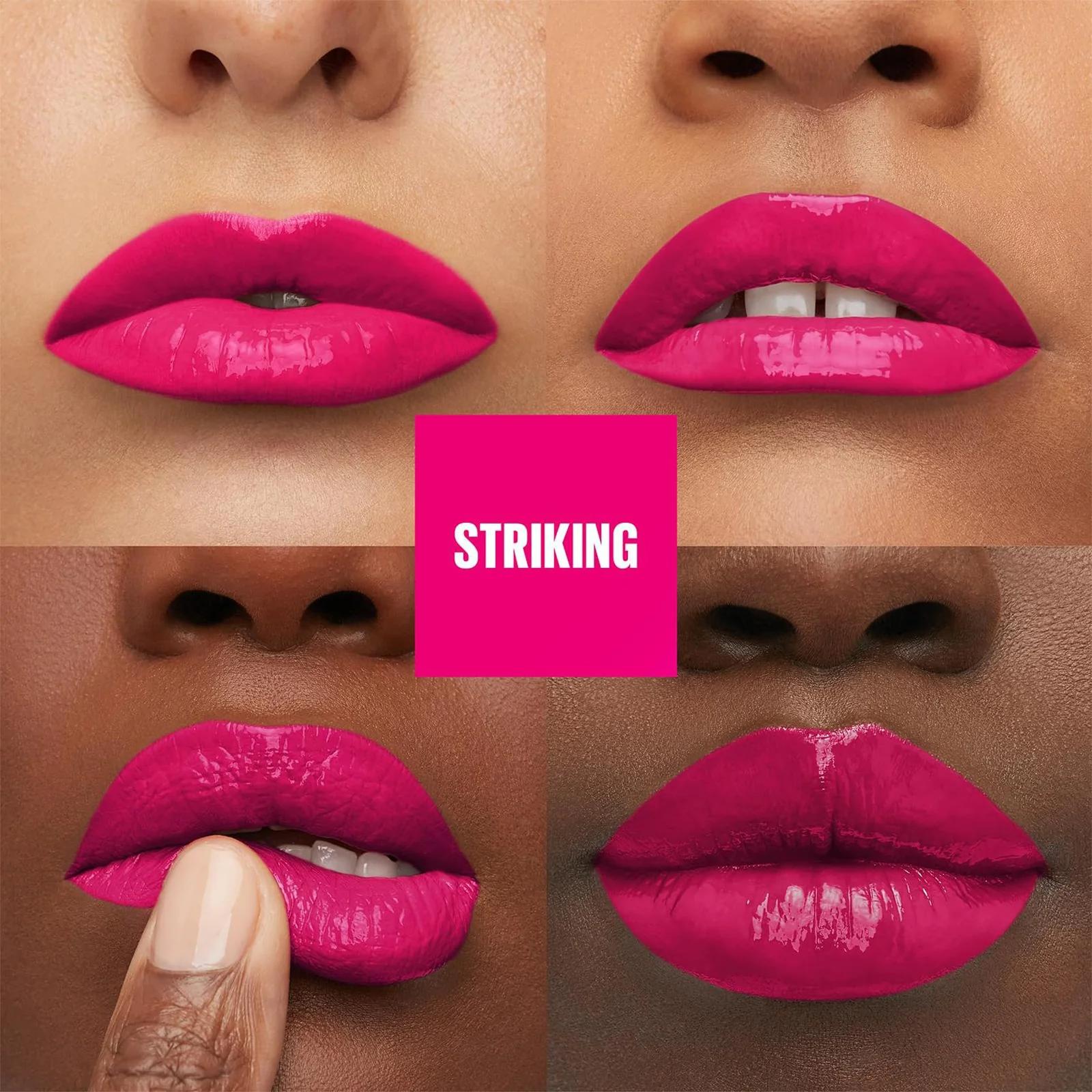 MAYBELLINE vinüülpüsiv huulepulk — intensiivne pink, kuni 16h – pakend ja tarvikud