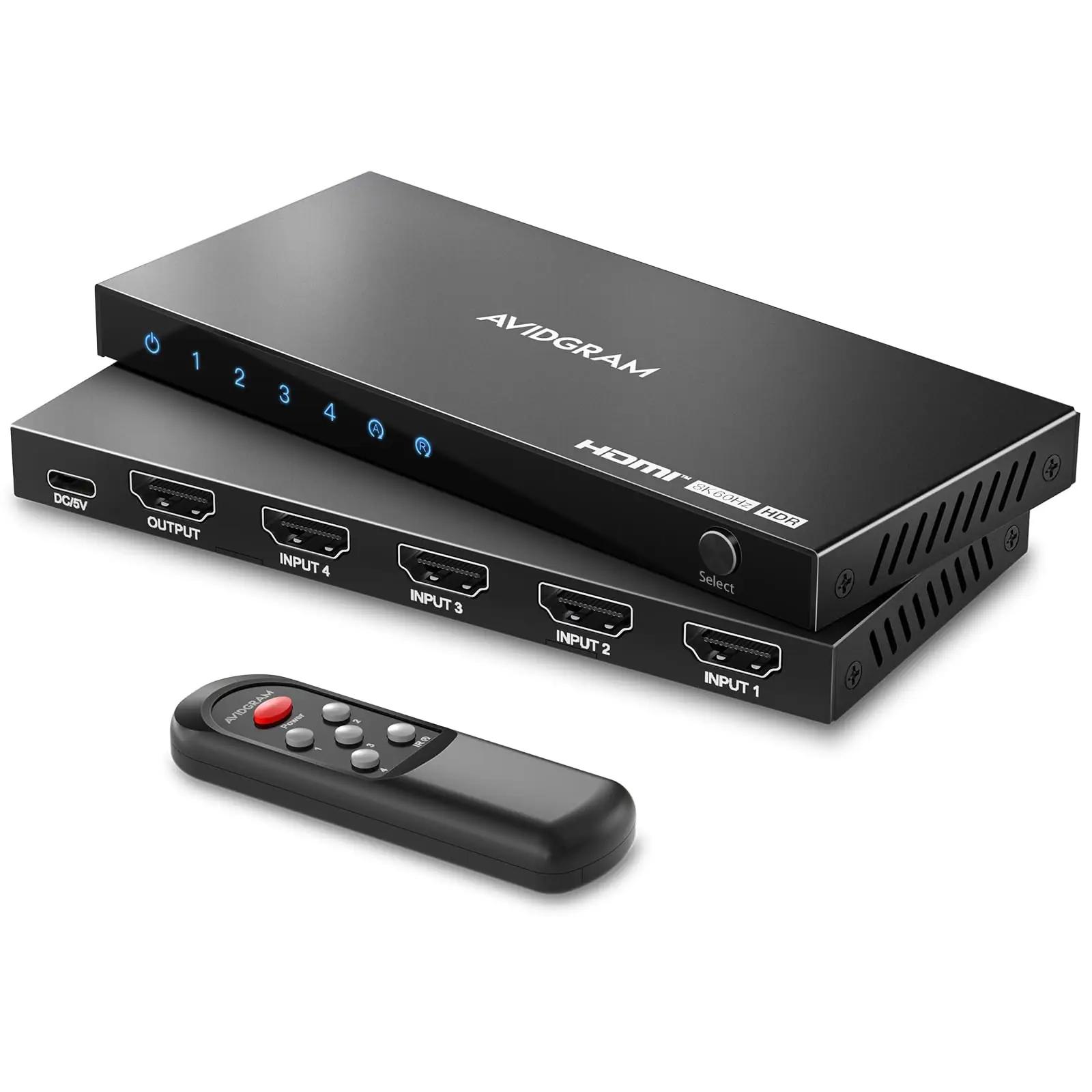 AVIDGRAM HDMI 2.1 lüliti — 4×1 8K/4K mängu- ja kodukino lahendus