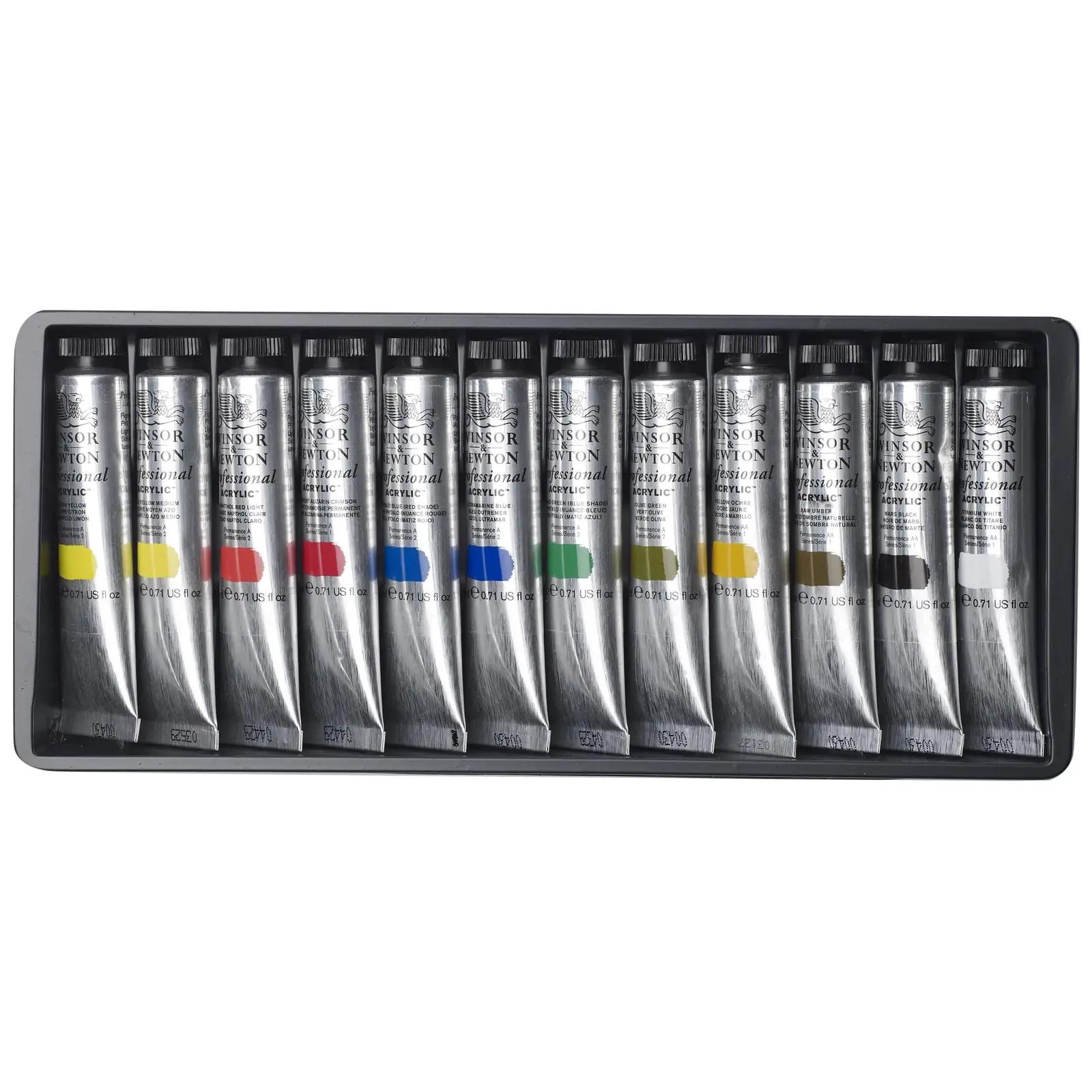Winsor & Newton akrüülvärvide komplekt — professionaalne 12 värvi – pakend ja tarvikud
