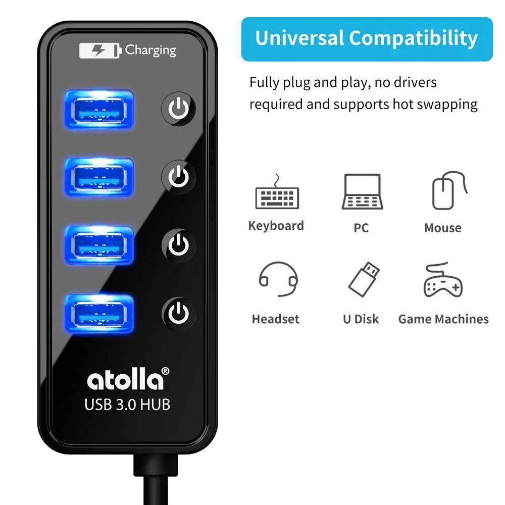 Atolla USB-hub 4-porti must plast, toiteplokiga – pakend ja tarvikud