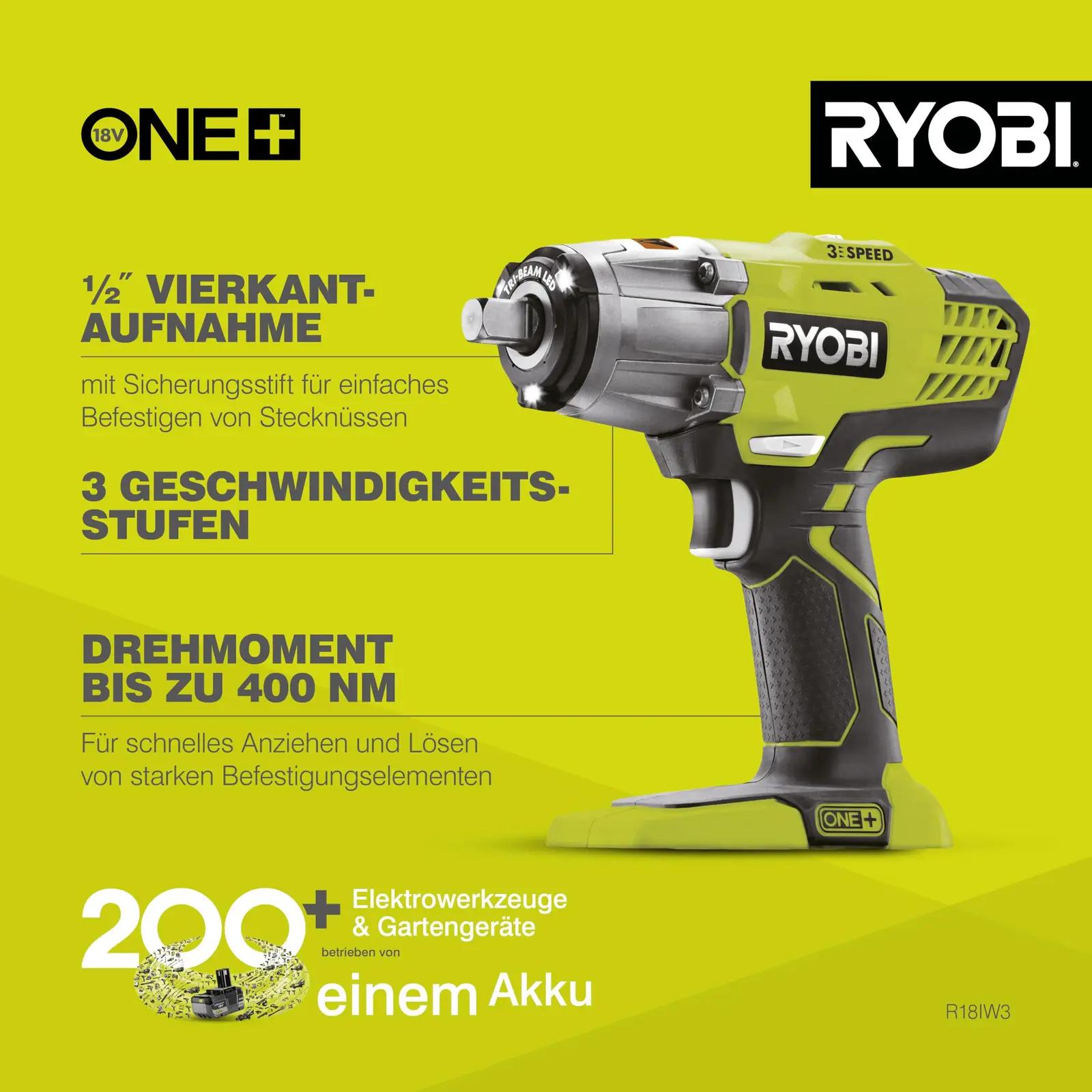 RYOBI vastupidav metallsuunitletud löökmutrikeeraja — 400 Nm – pakend ja tarvikud