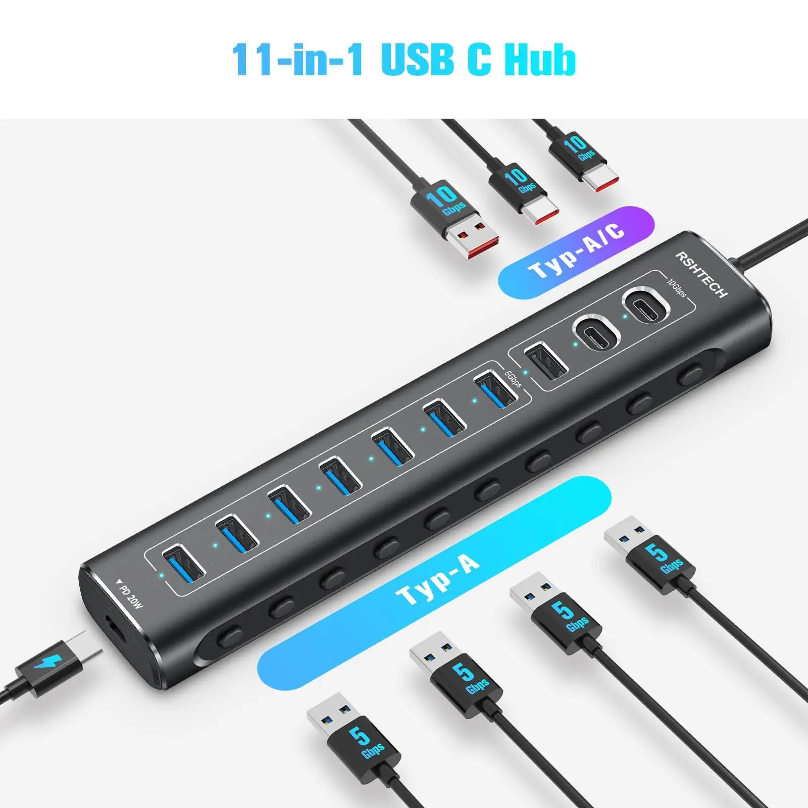 RSHTECH alumiiniumist USB-C ja USB 11-sisendiga jaotur – detailne vaade
