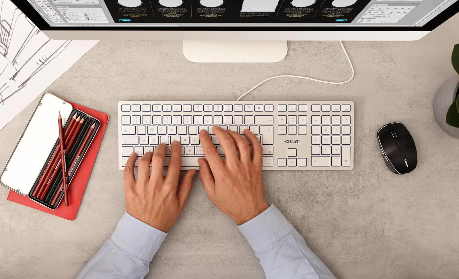 CHERRY stiilne USB-C Mac-klahvistik AZERTY – vaikne valge – detailne vaade