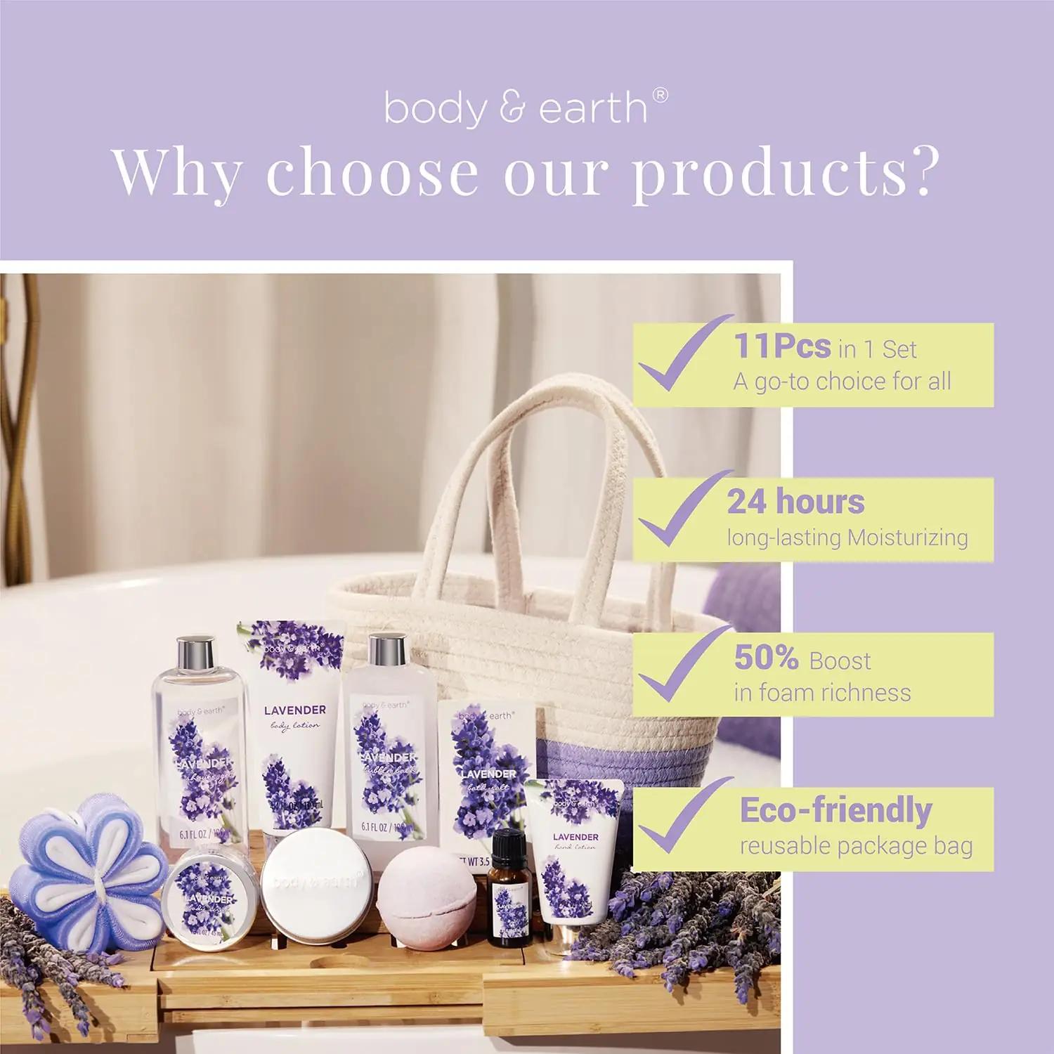 BODY & EARTH lavendeline lõõgastav 11‑osaline kingikarp naistele – pakend ja tarvikud