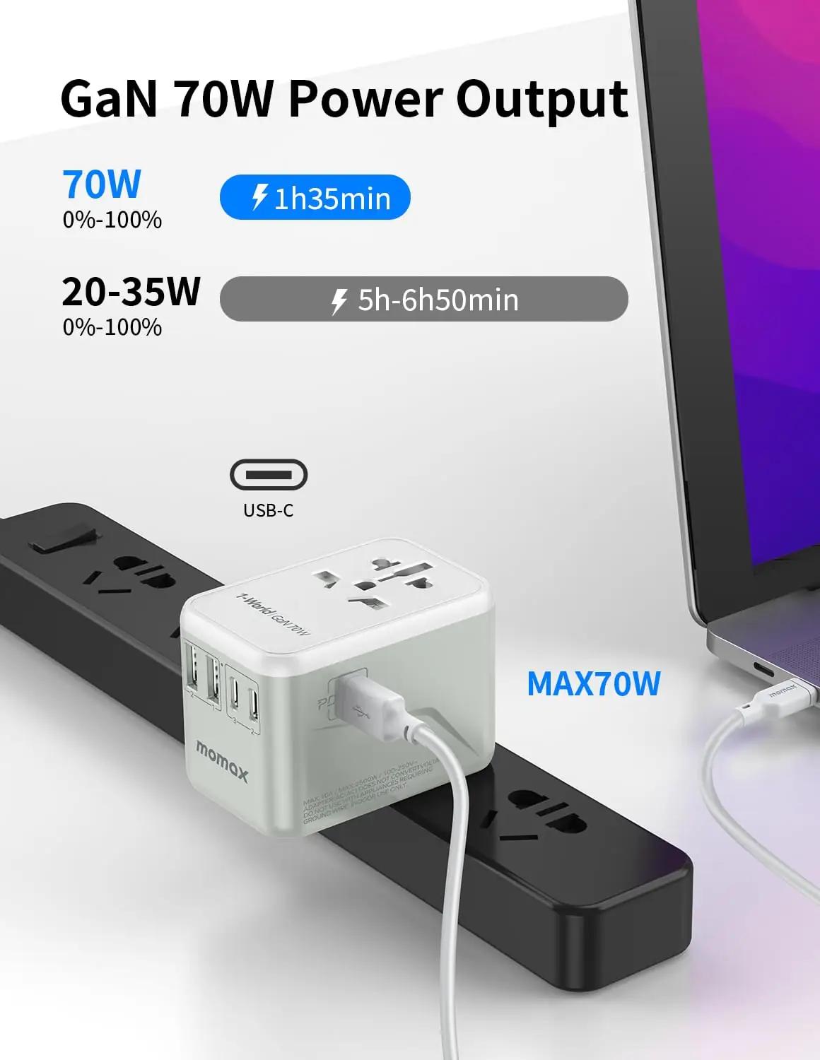 MOMAX universaalne reisivooluadapter 70W GaN — kompaktne ja – pakend ja tarvikud