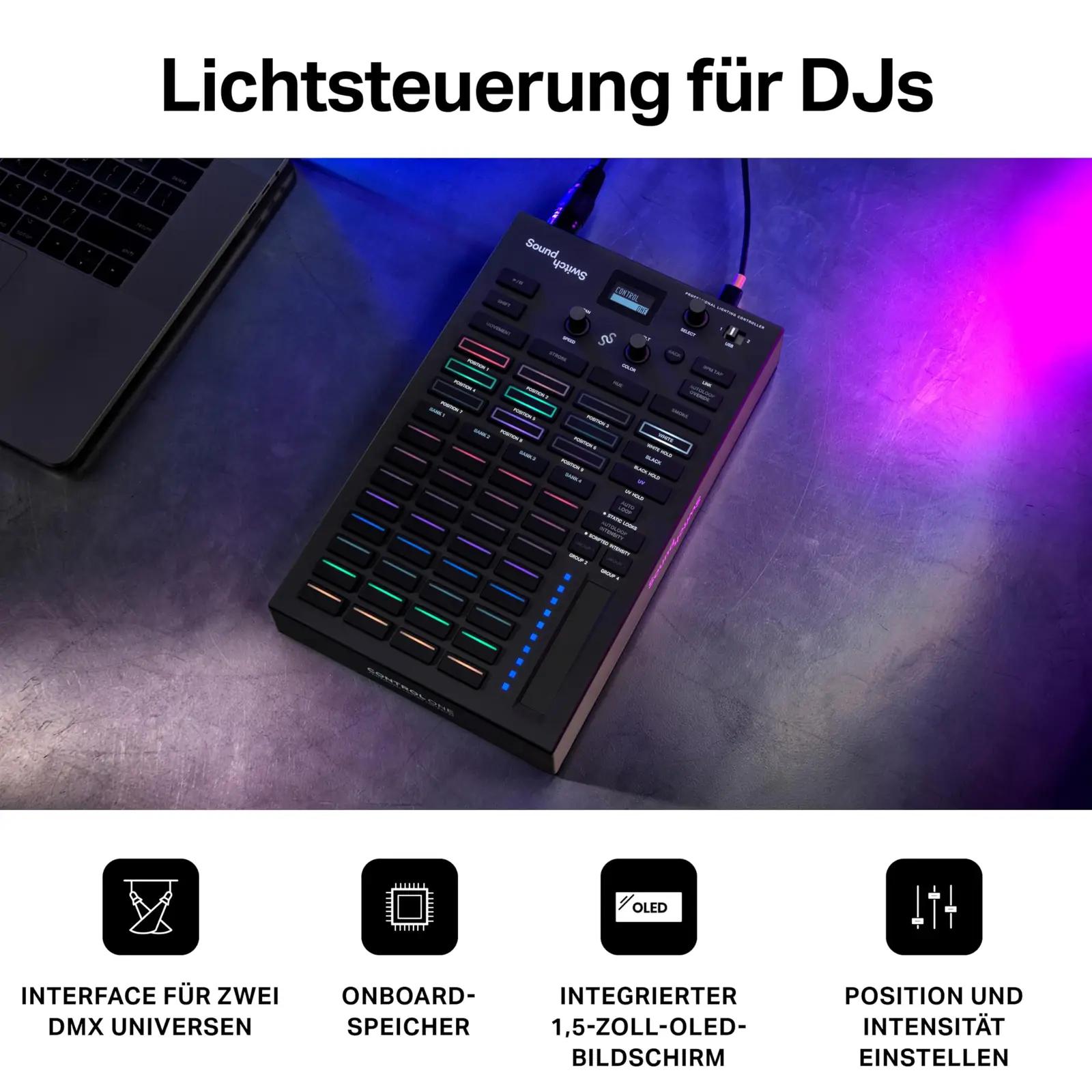 SoundSwitch valgusjuhtimiskontroller — kompaktne DMX ja Hue tugi – pakend ja tarvikud