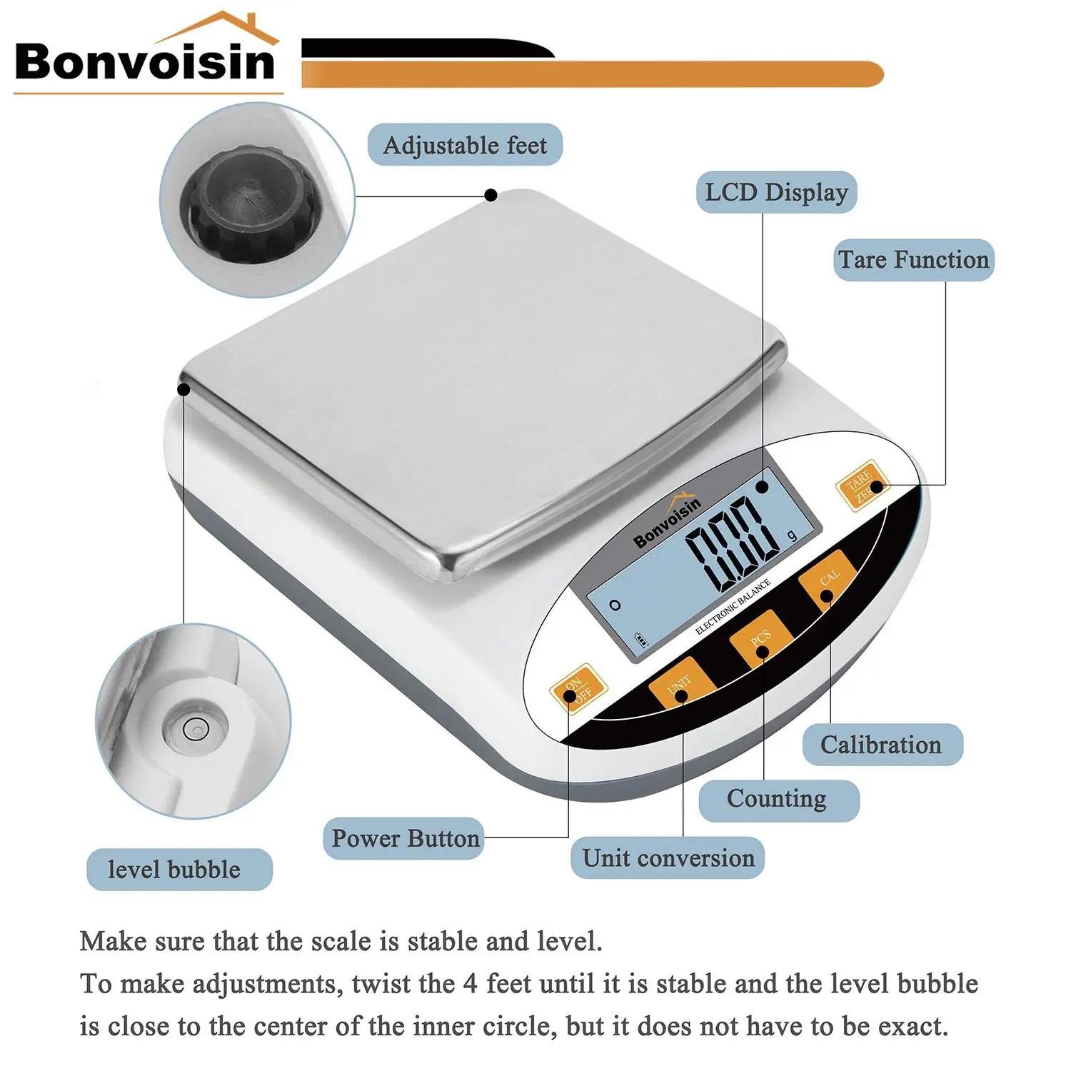Bonvoisin täppiskaal 5000 g x 0,01 g – labori- ja ehtekasutus – pakend ja tarvikud
