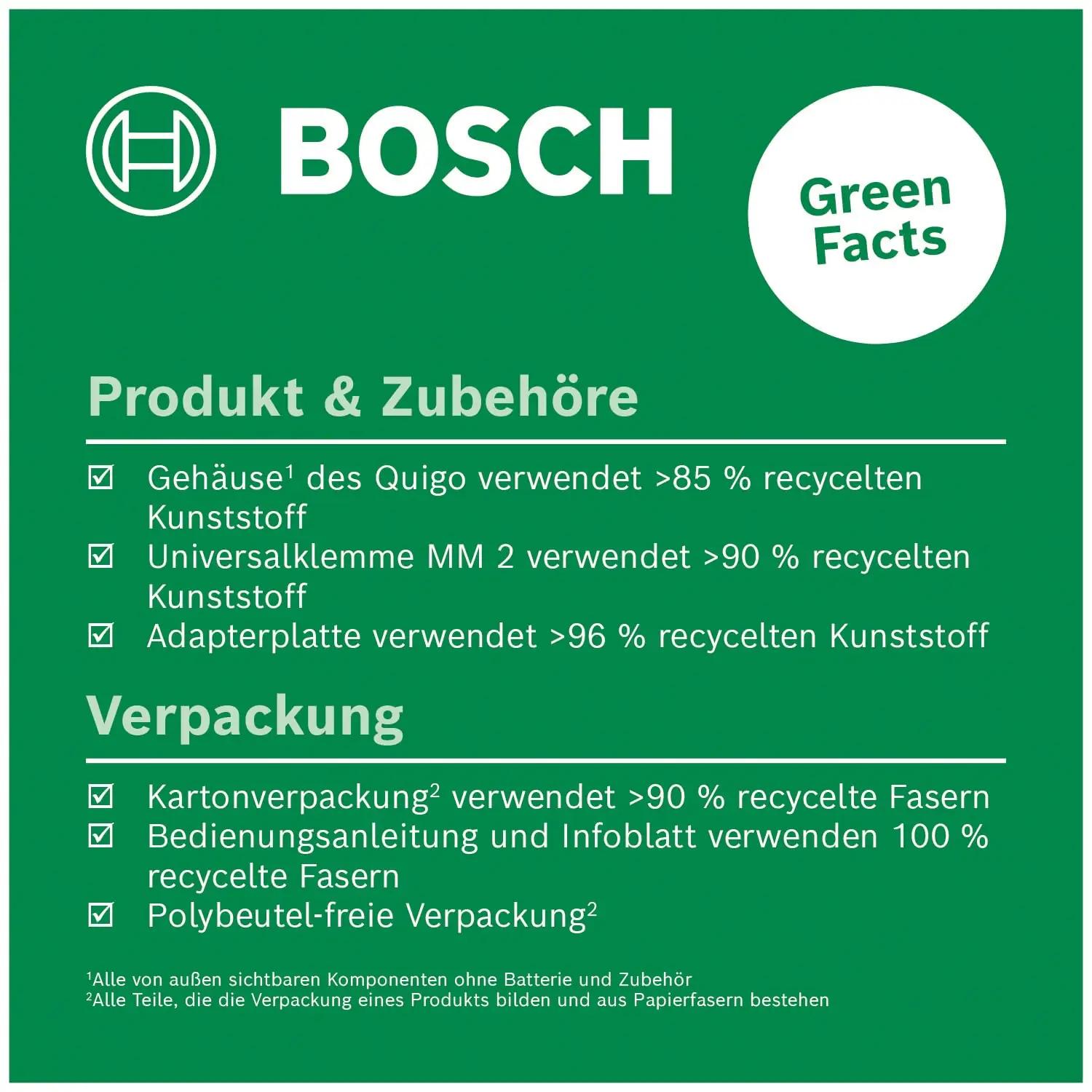 Bosch roheline ristlaser Quigo koos universaalklemmiga — täpne – pakend ja tarvikud