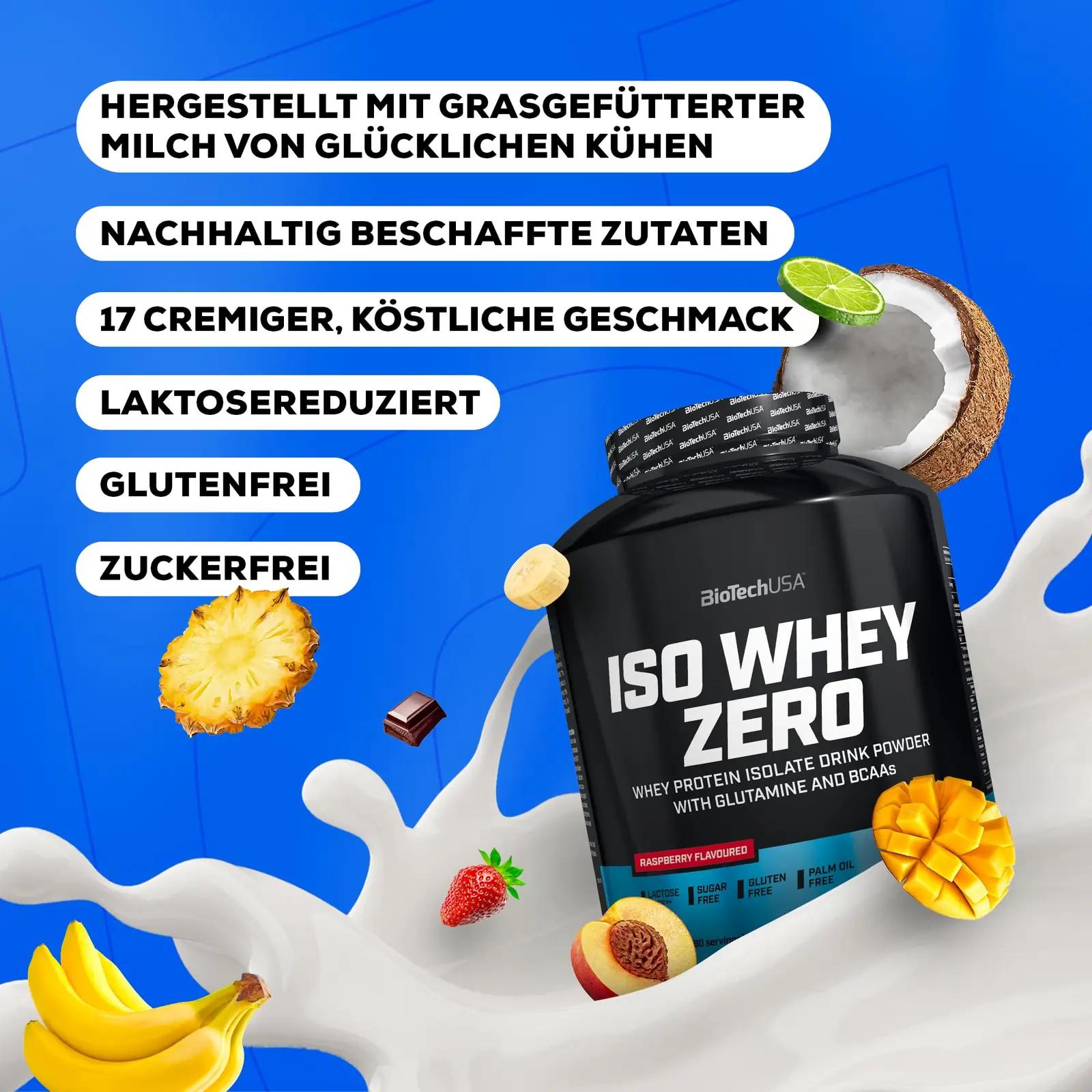 BioTechUSA šokolaadine Iso Whey Zero 908 g – puhastatud vadak – pakend ja tarvikud