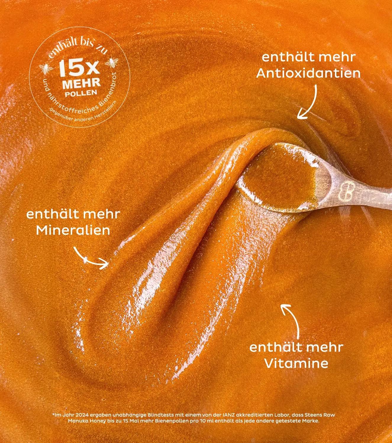 Steens Manuka mesi UMF 13+ — puhas looduslik kingiidee – pakend ja tarvikud
