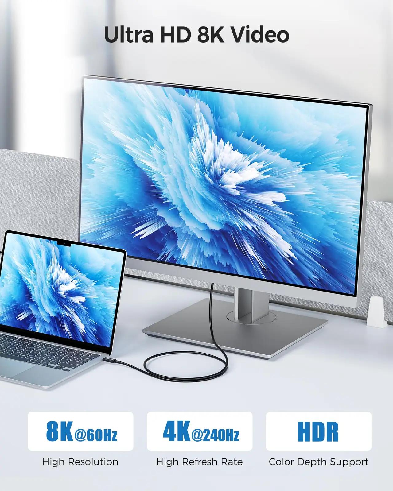 Cable Matters vastupidav 2m Thunderbolt‑4 kaabel – 100W laadimine – pakend ja tarvikud