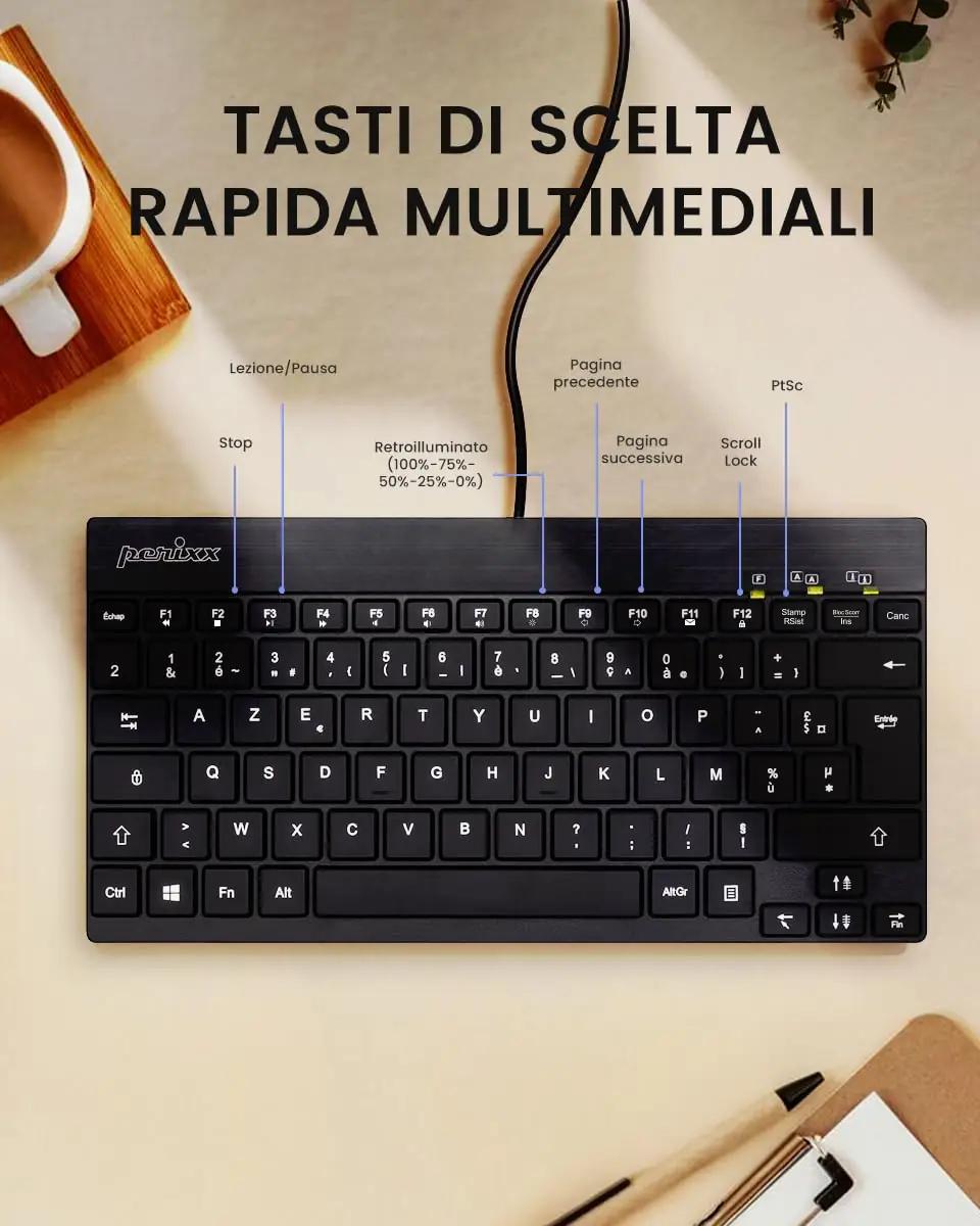 Perixx mini-taustvalgusega klaviatuur — kompaktsus ja mugavus – pakend ja tarvikud