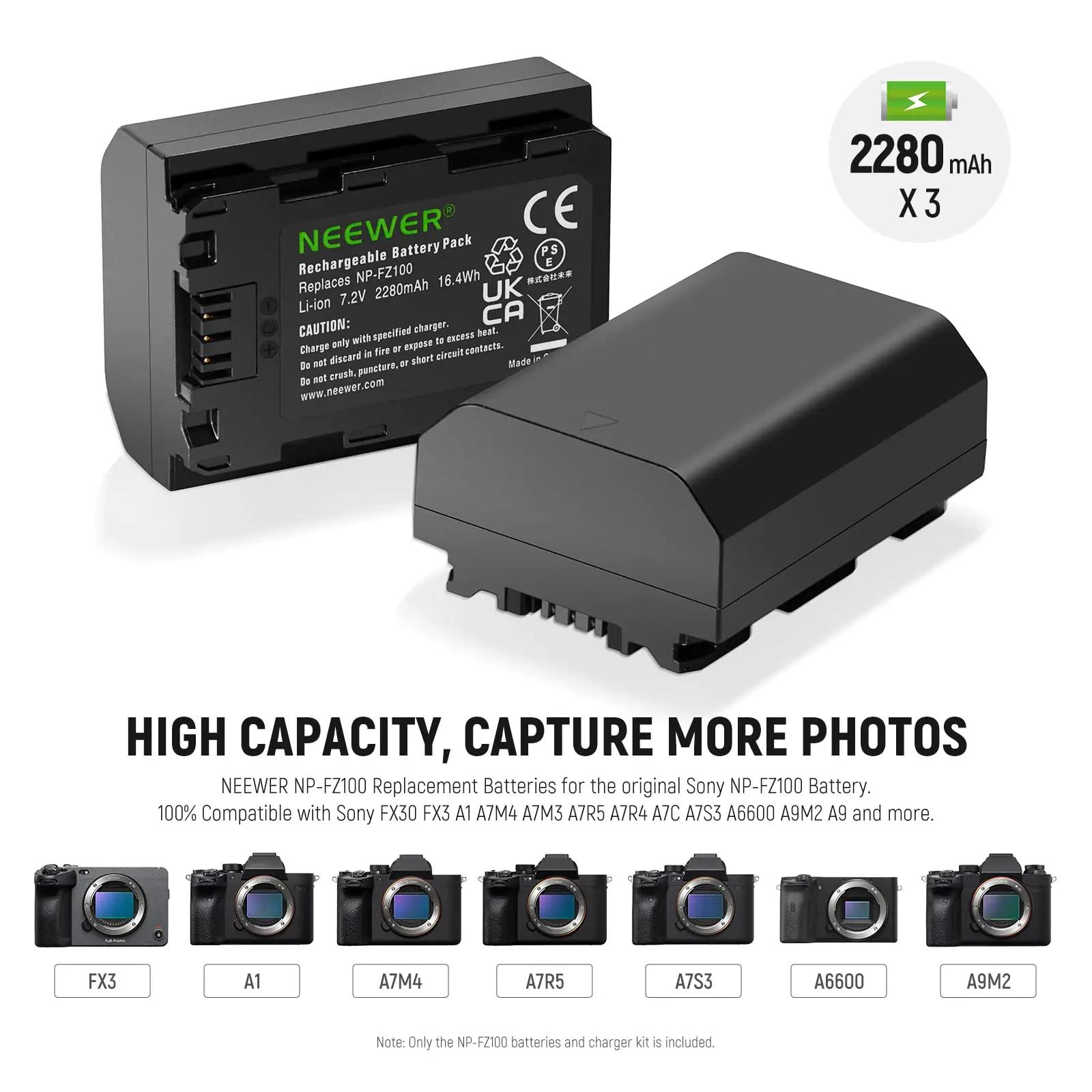 NEEWER vastupidav akukomplekt NP-FZ100 – 3×2280mAh USB – lisavaade