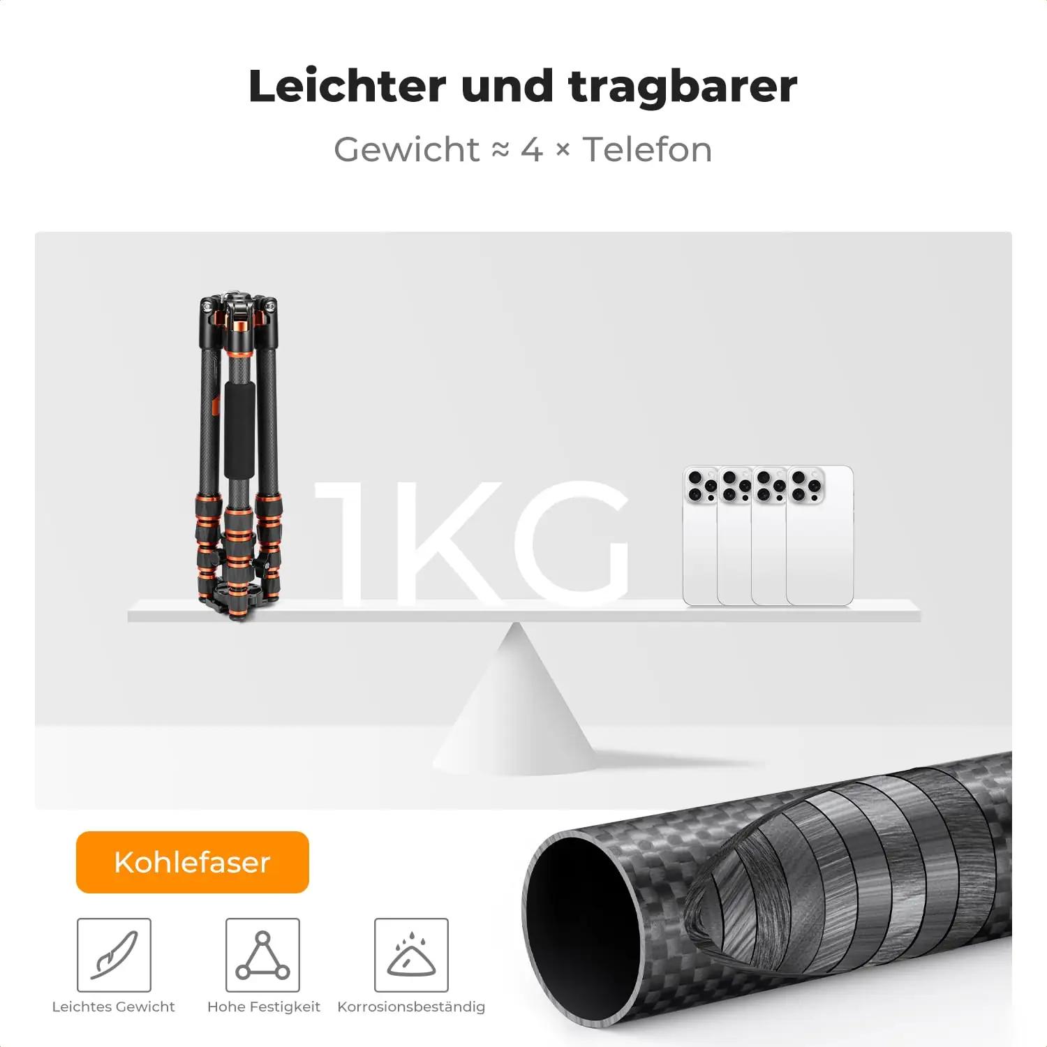 K&F CONCEPT kerge süsinikkiust statiiv 152 cm – pakend ja tarvikud