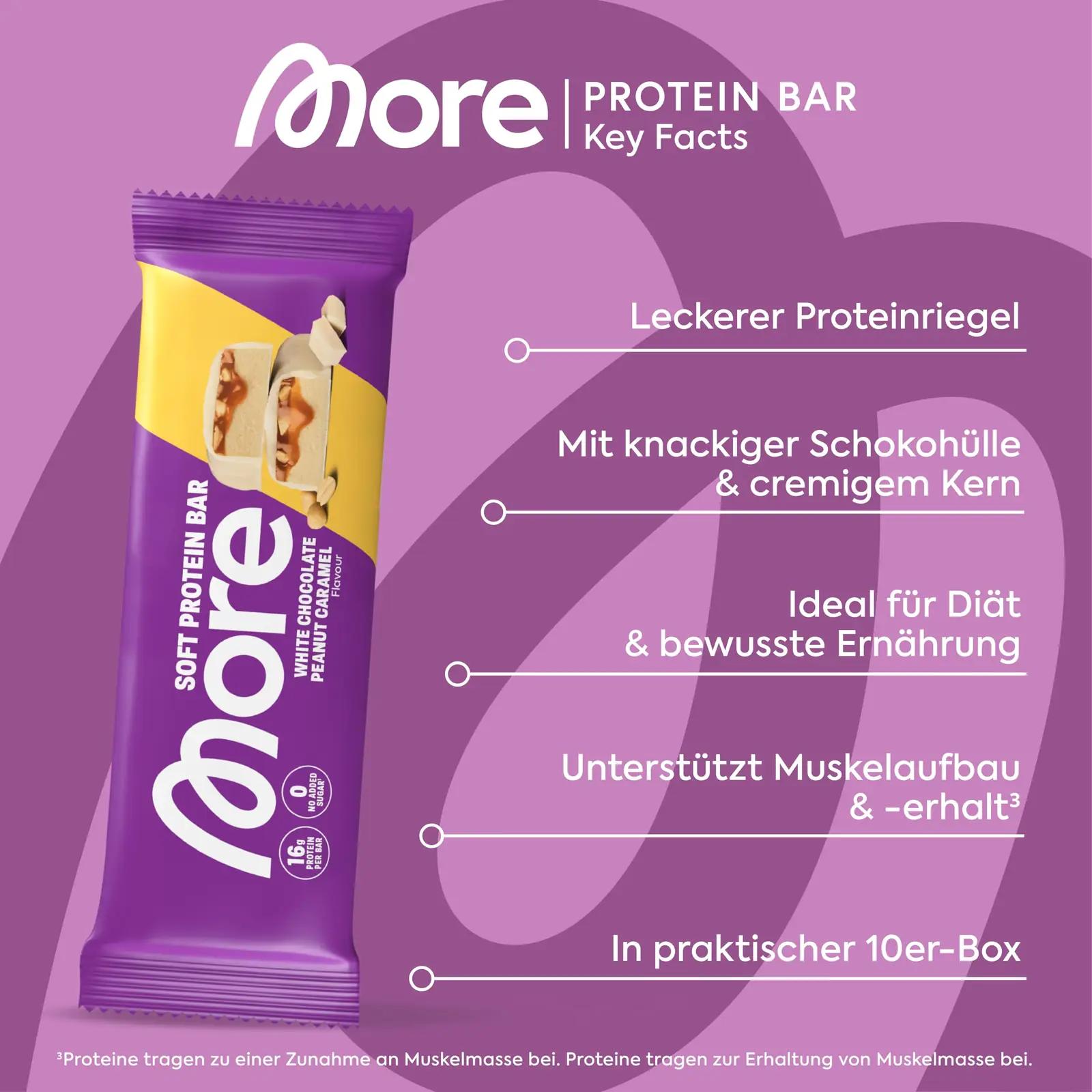 MORE NUTRITION valge šokolaadi proteiinibatoon – pakend ja tarvikud