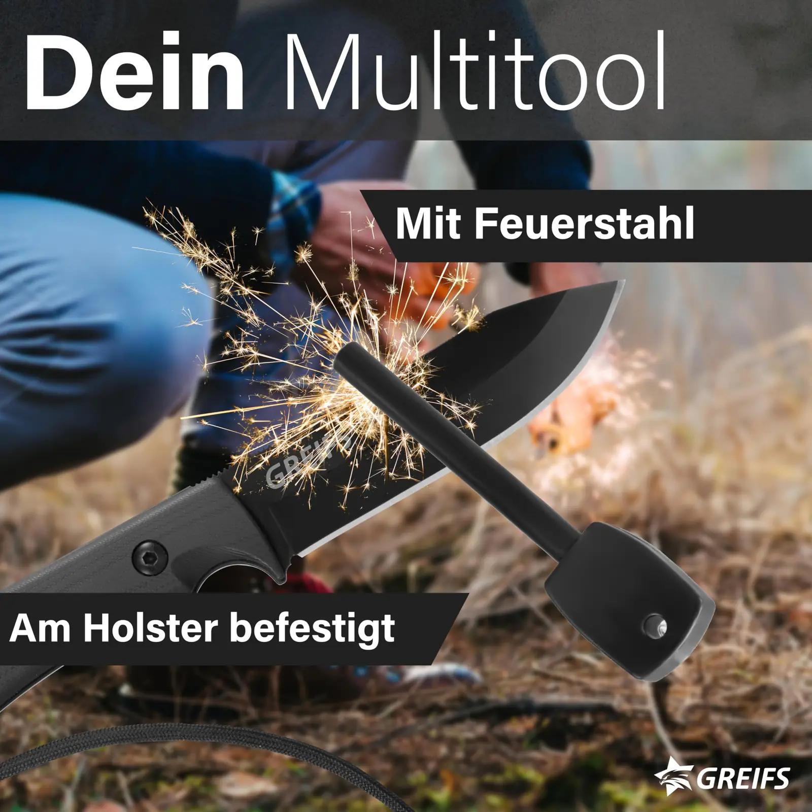 GREIFS D2 terasest taktikaline bushcraft-nuga koos kaitsmega – pakend ja tarvikud