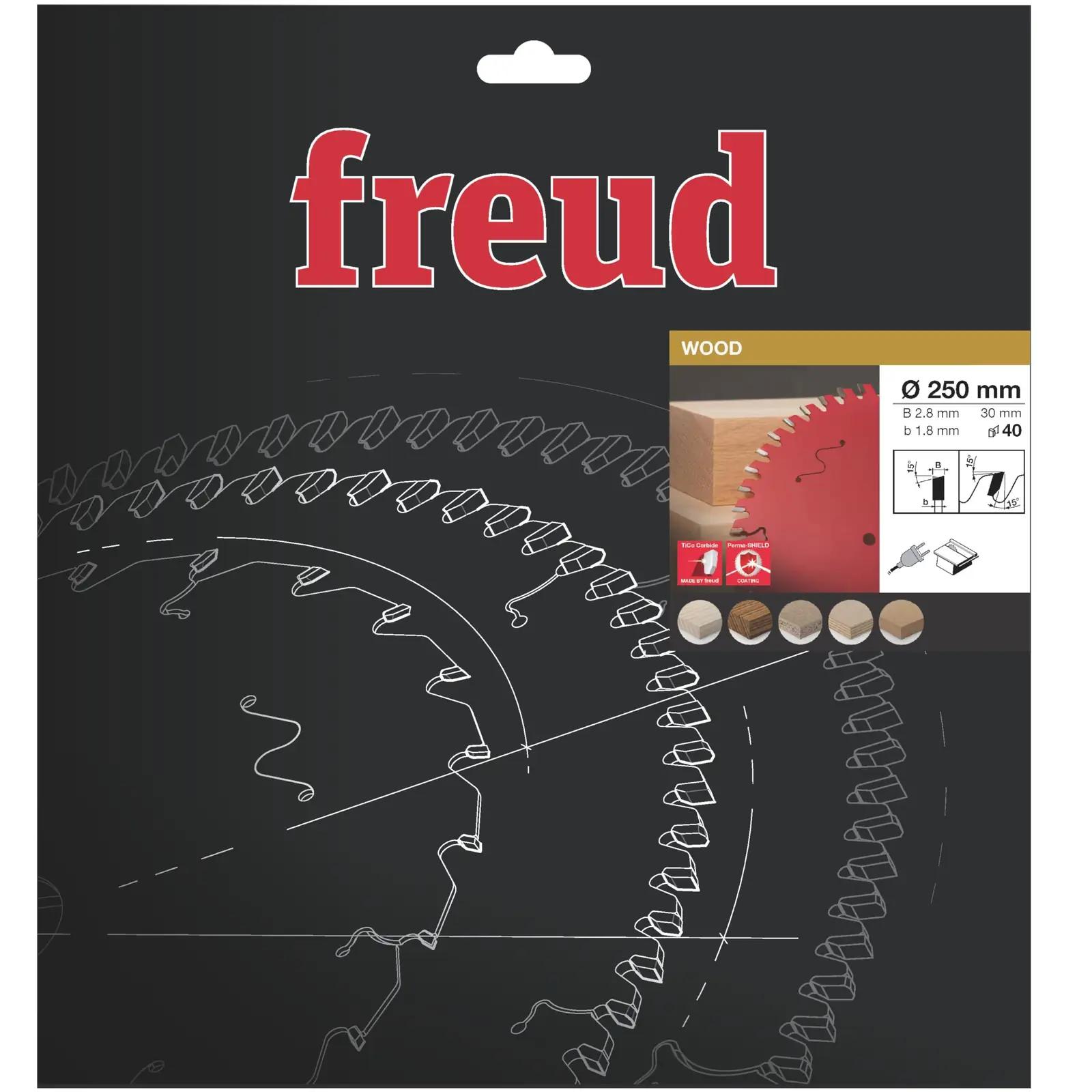 Freud ümarsaeketas Ø250 mm — täpne lõige puidule ja plaatidele – pakend ja tarvikud