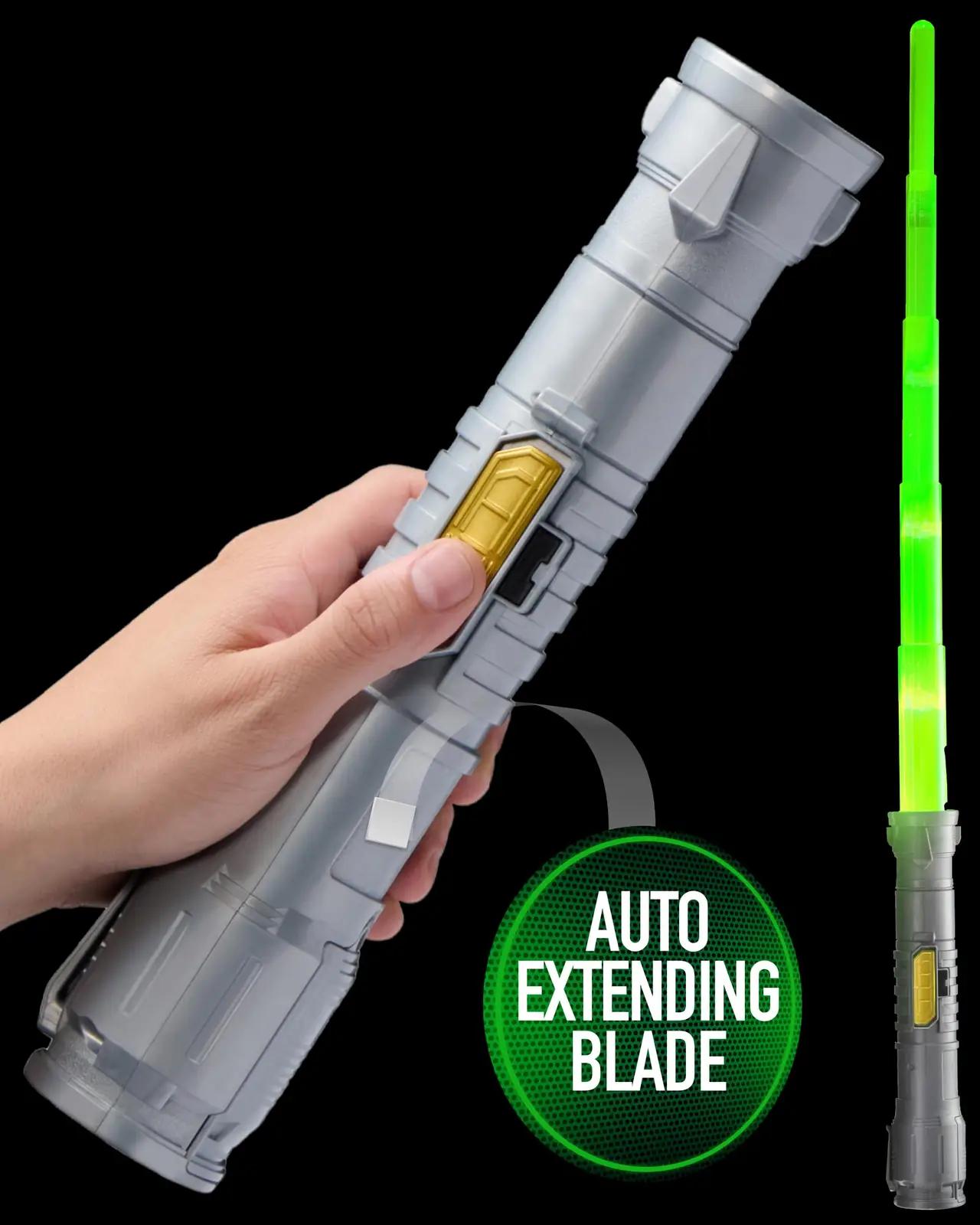 Power Saber rohelise plastikust lasersulgur – pakend ja tarvikud