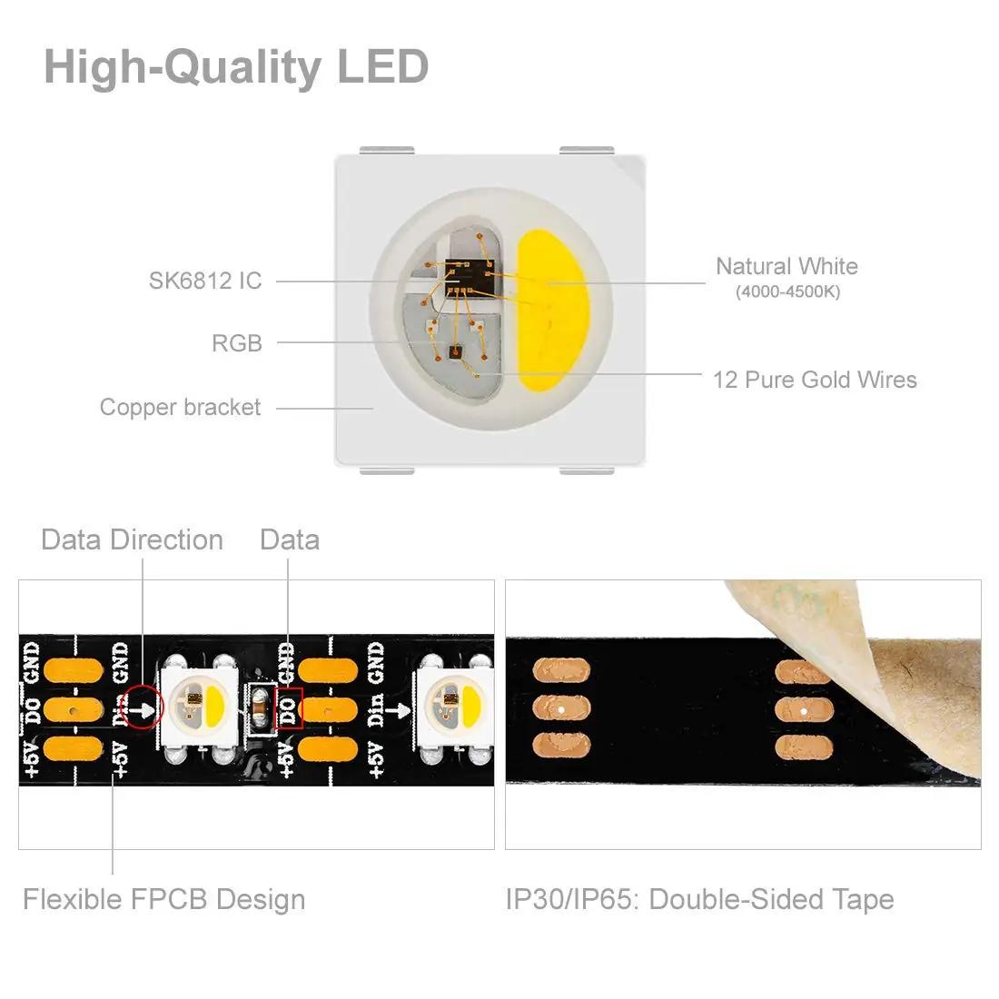 BTF-LIGHTING värvikas LED-riba 5m — naturaalne valge ja RGBW – pakend ja tarvikud
