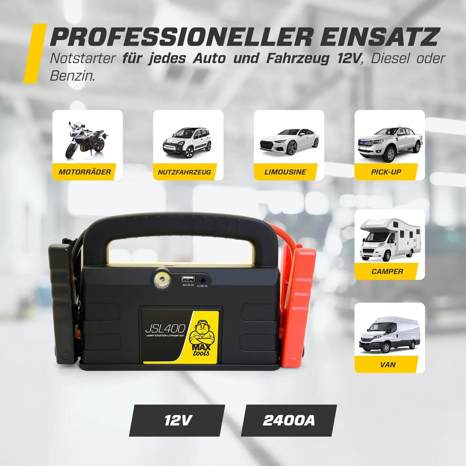 MAXTOOLS tugev 12 V starthäälestaja — kompaktne powerbank ja – pakend ja tarvikud