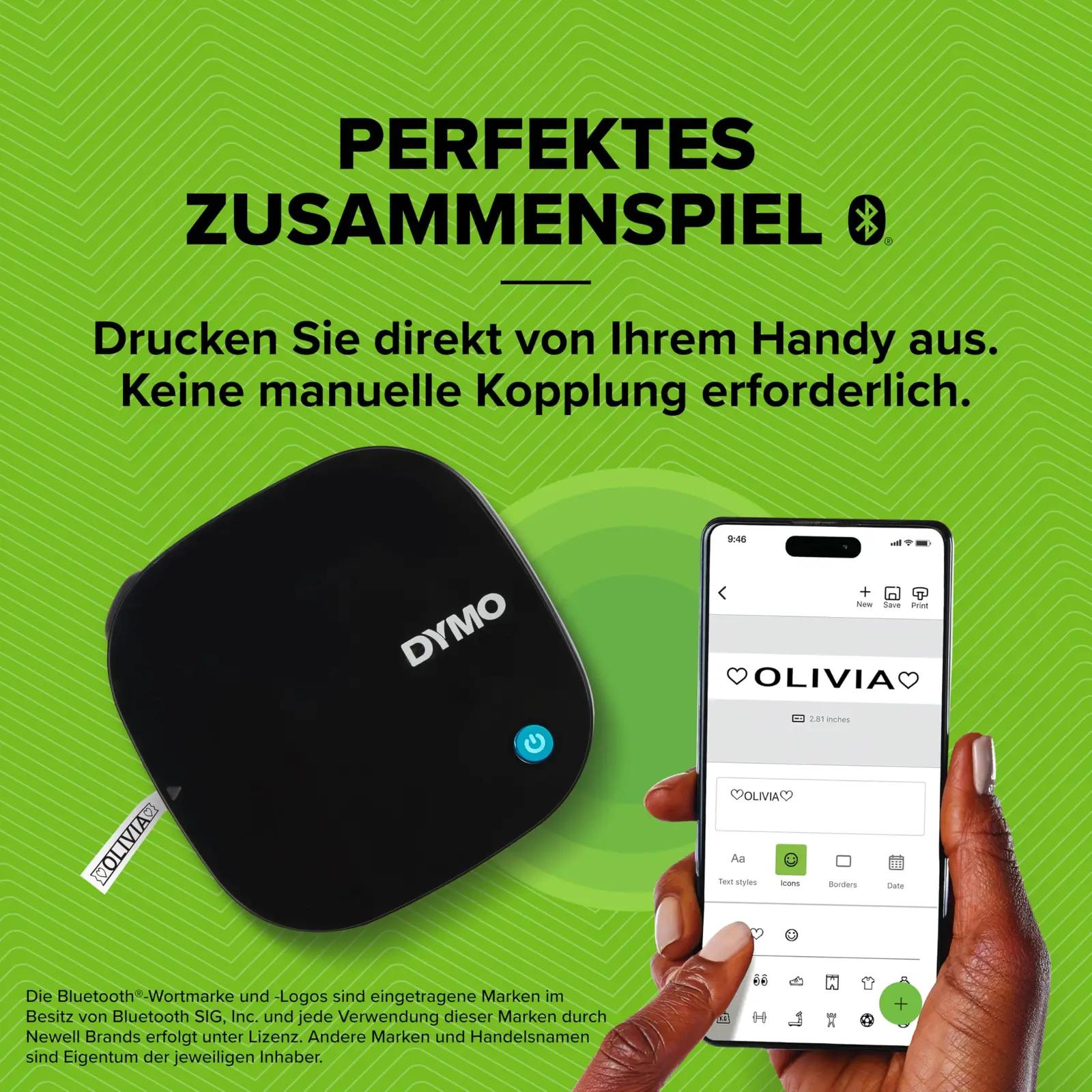 DYMO kompaktne etikettimasin Bluetooth-ühendusega — vastupidav – pakend ja tarvikud