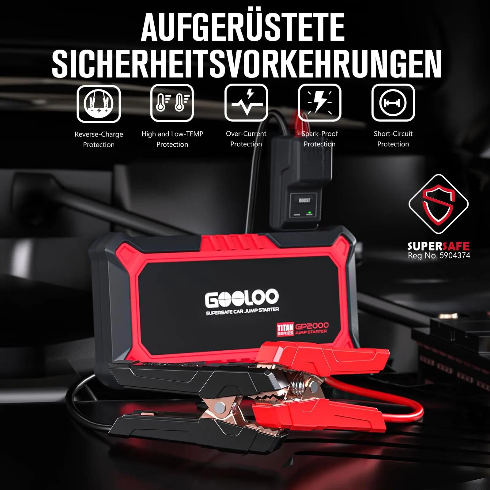 GOOLOO starthilfe powerbank – turvaline autoabi ja kiirlaadija – pakend ja tarvikud