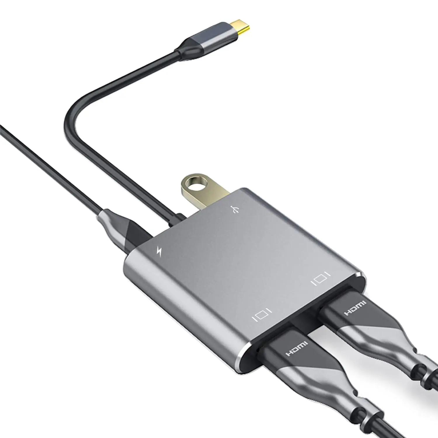 YRRNAE alumiiniumist USB-C hub kahe HDMI väljundiga — 4K ja PD